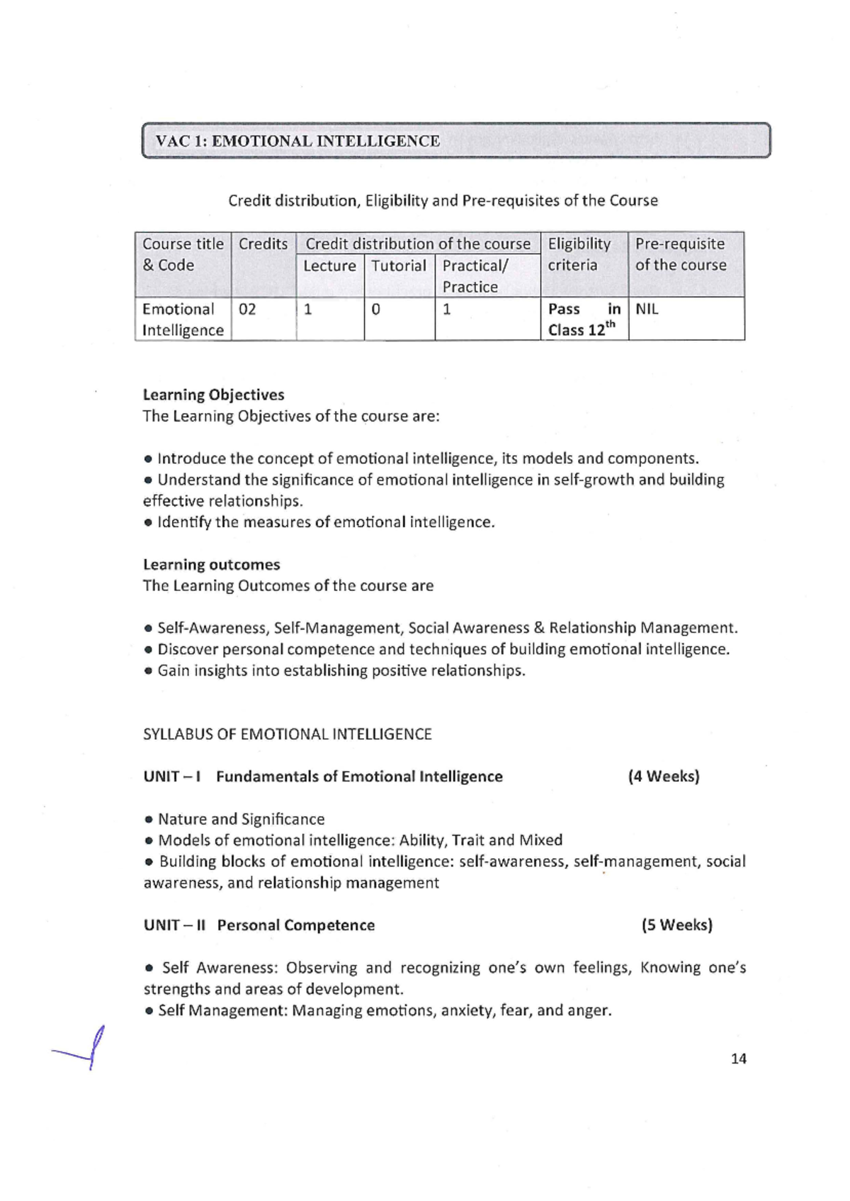 Emotional Intelligence Syllabus - VAC 1: Course Overview & Objectives ...