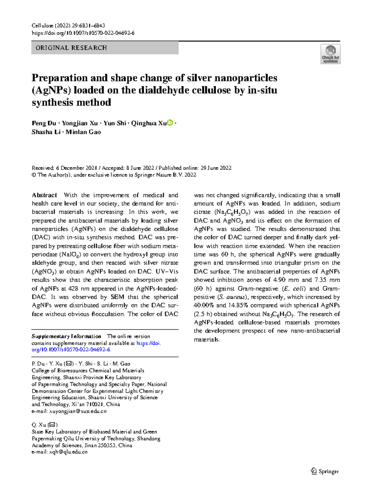 Preparation and Shape Change of AgNPs on Dialdehyde Cellulose (DAC ...