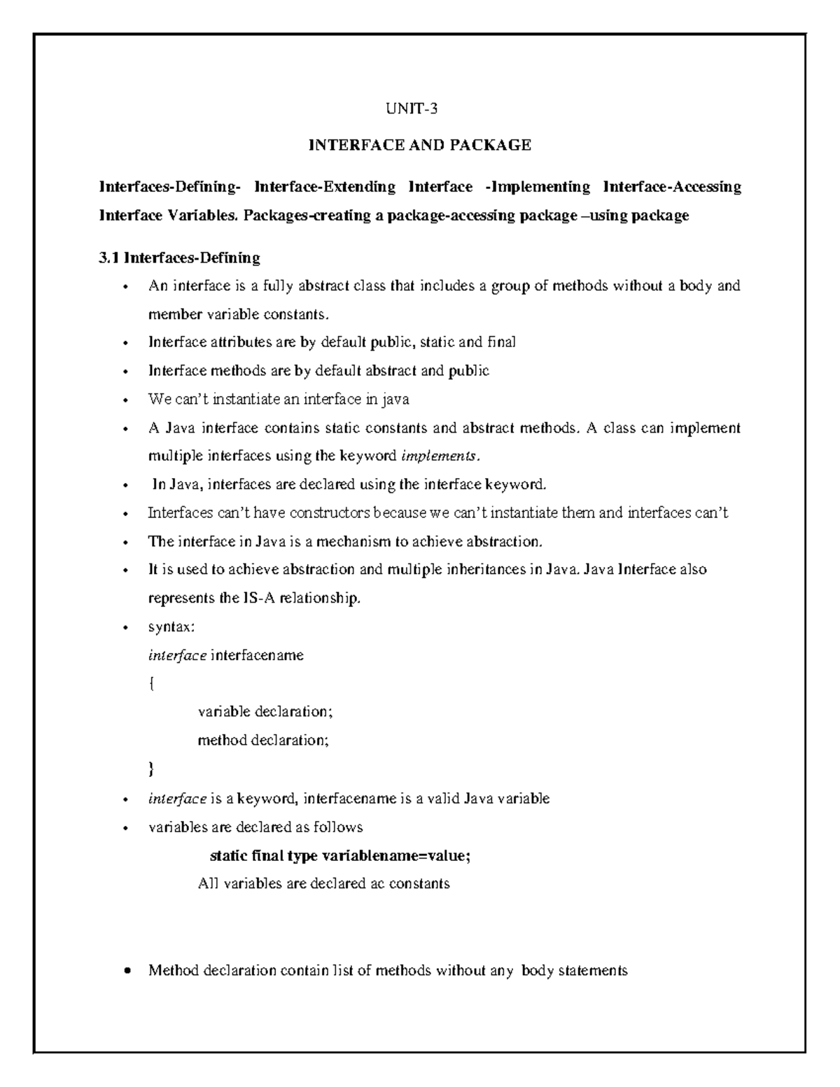 22IT3251 - JAVA - Unit 3: Interfaces and Packages Summary Notes - Studocu