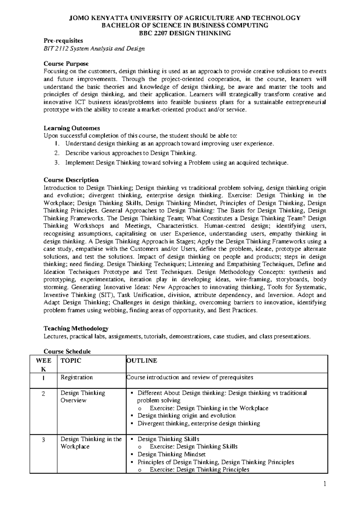BBC 2207 Design Thinking Course Outline and Learning Objectives - Studocu