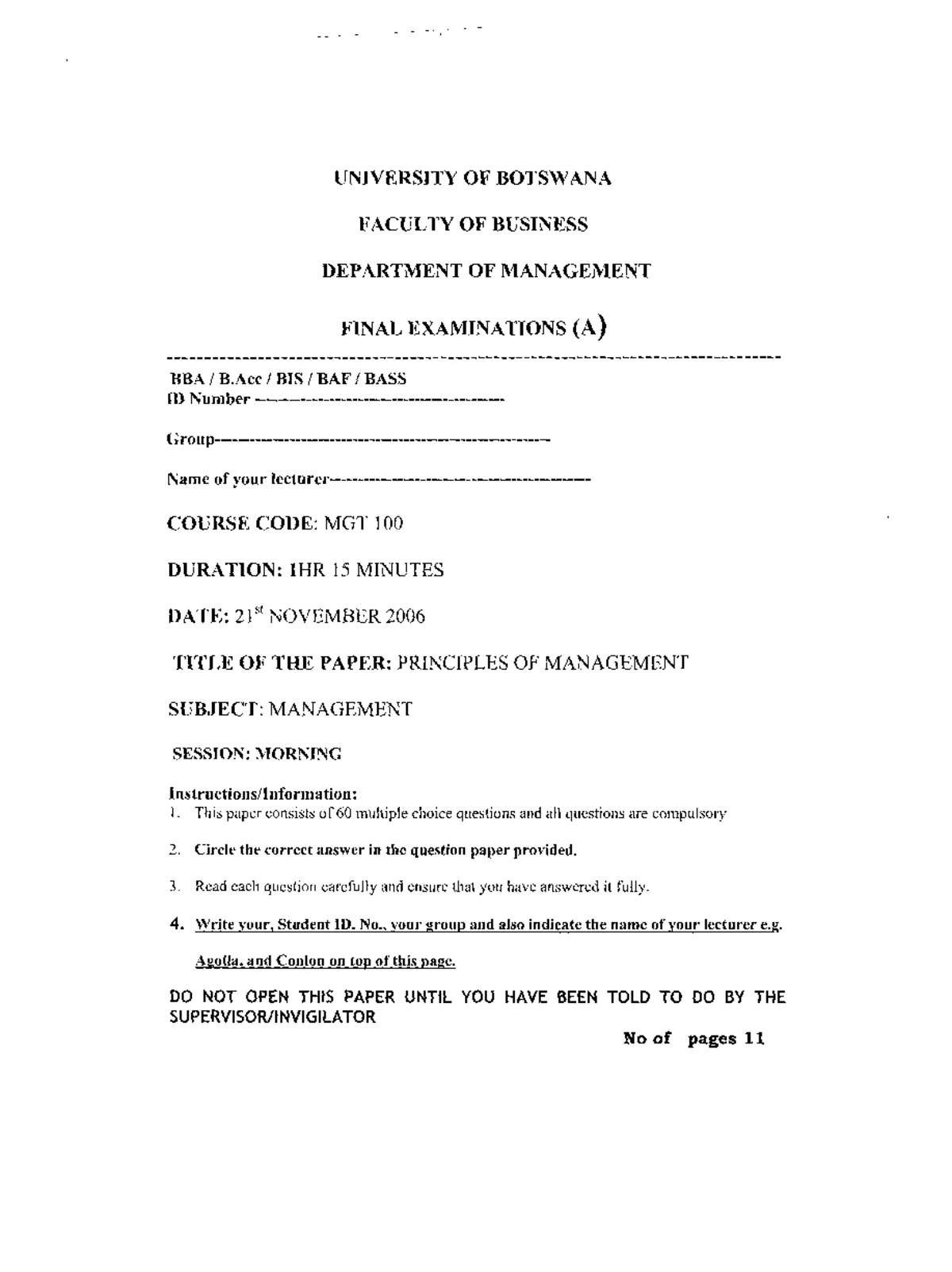 MGT 100 Principles of Management Past Exam Paper - Nov 2011 - Studocu
