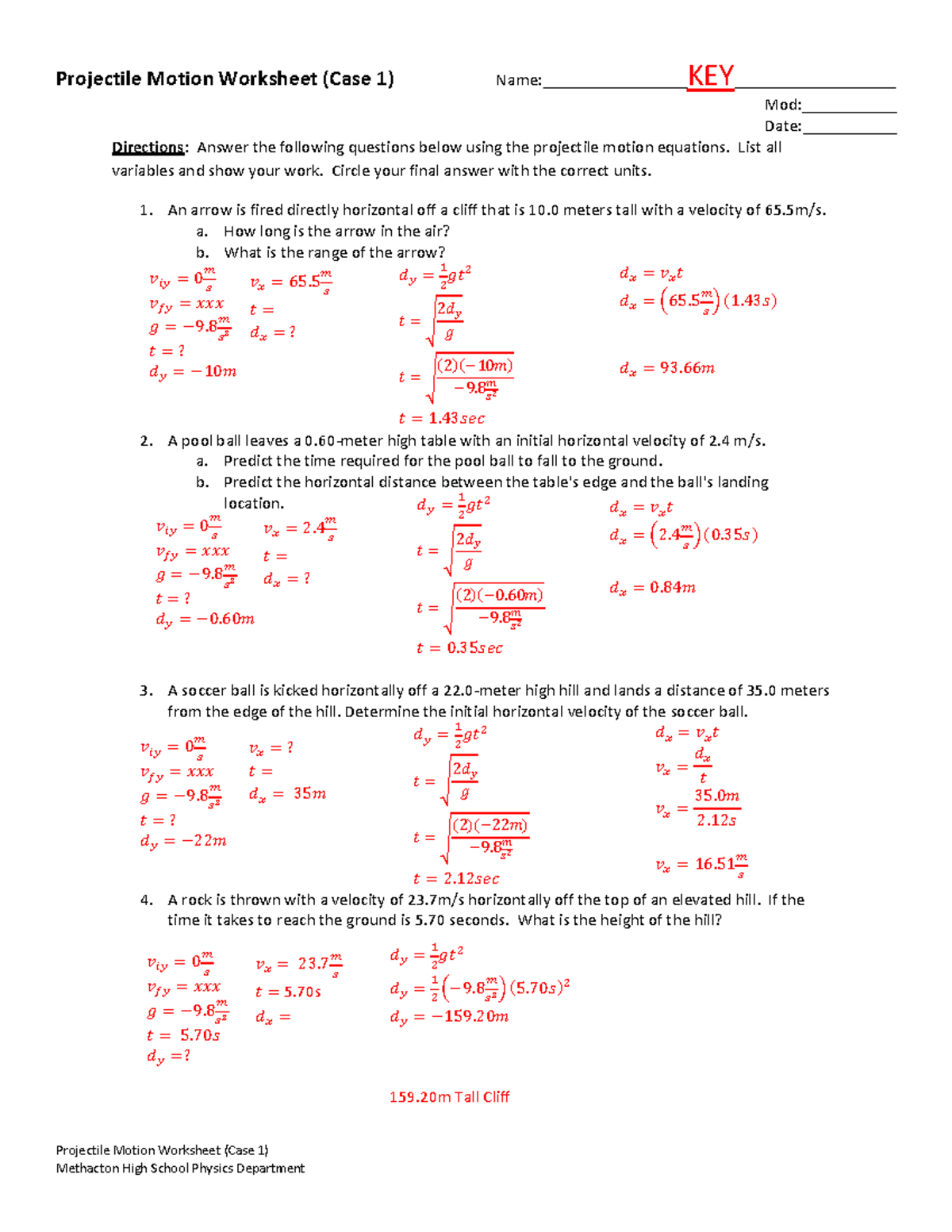 Projectile Motion Worksheet (Case 1) Answer Key - Studocu