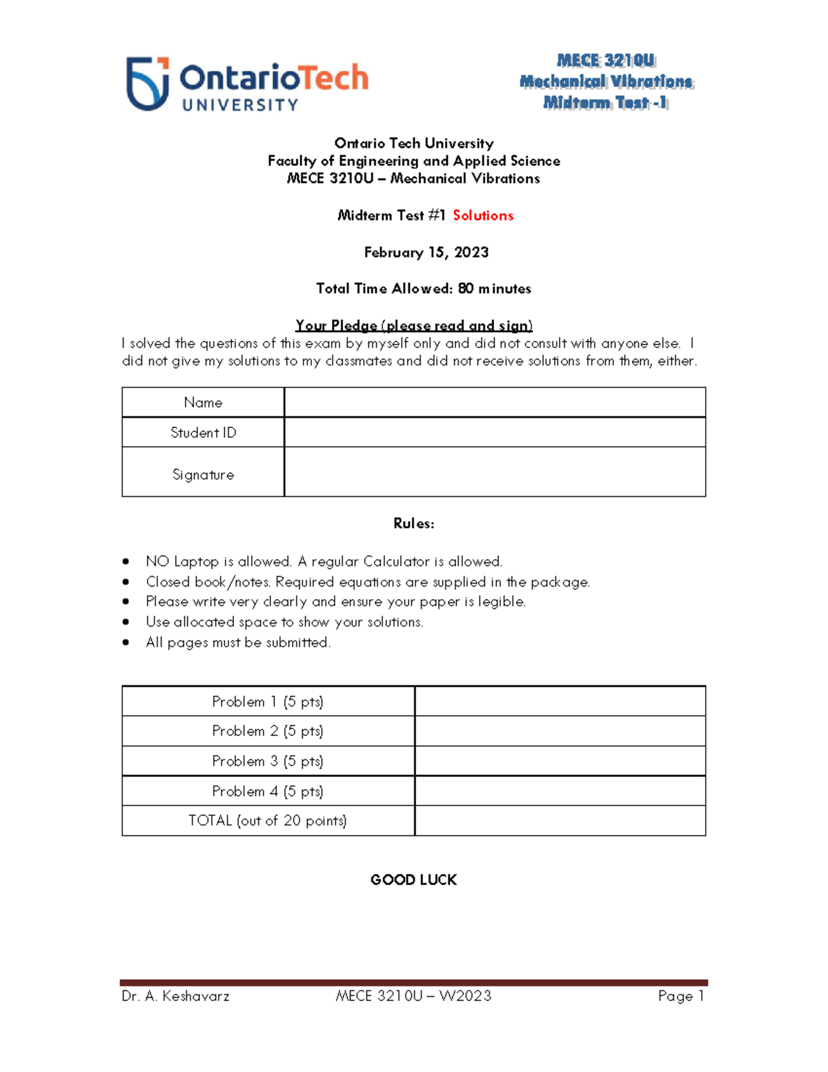 MECE 3210U Midterm Exam 1 Solutions - February 2023 - Studocu