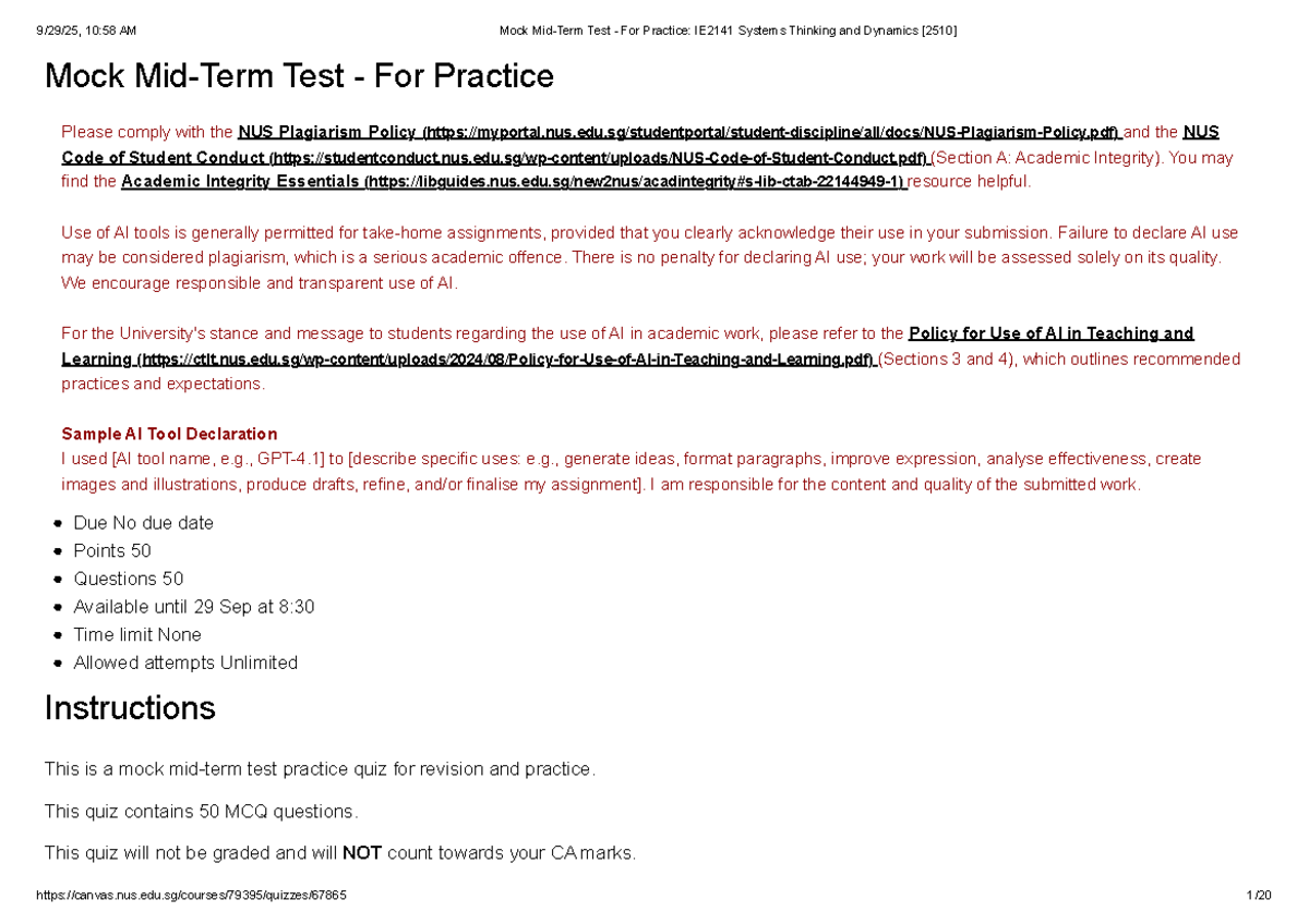 Mock Midterm Test for Practice: IE2141 Systems Thinking and Dynamics ...