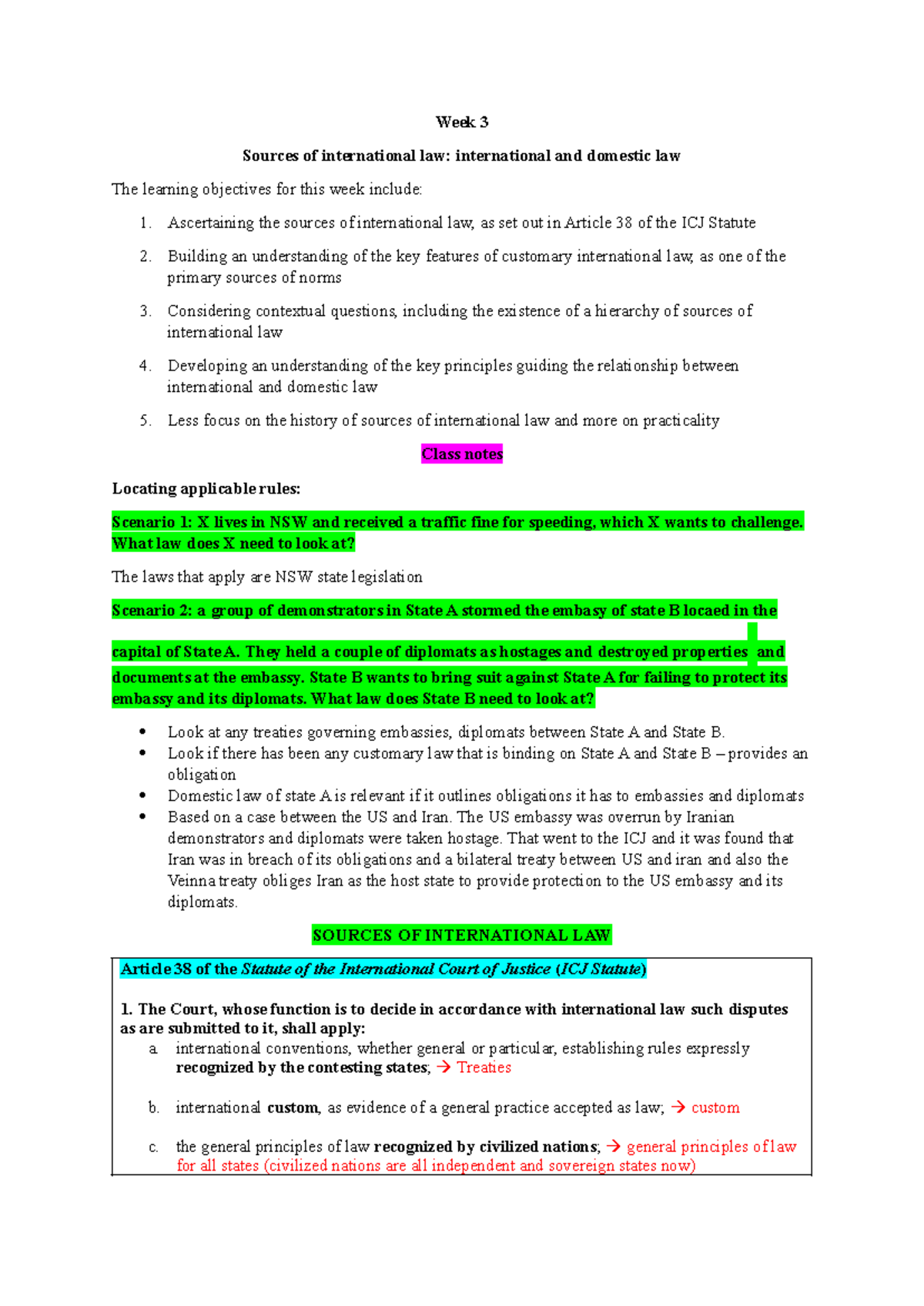 Week 3 - Sources of International Law and Customary Practices Notes ...