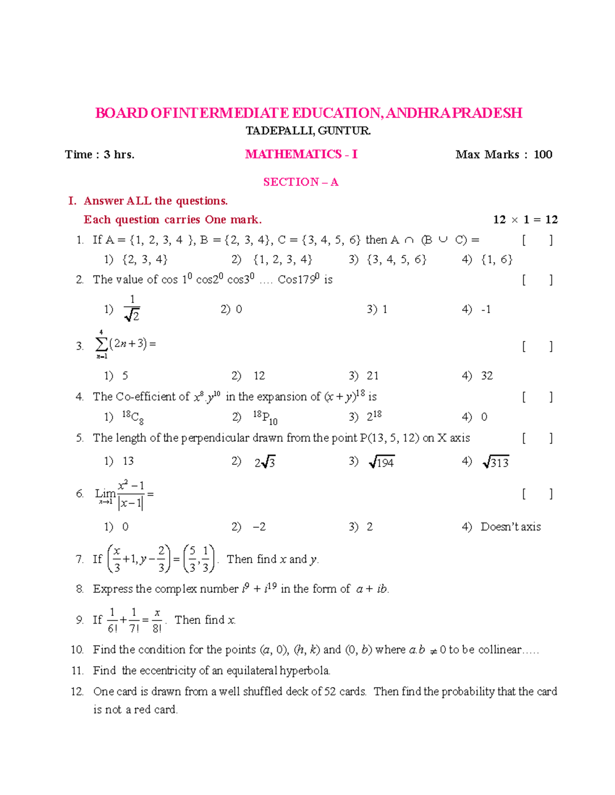 1st Year Maths EM - Board of Intermediate Education AP - Mathematics I ...