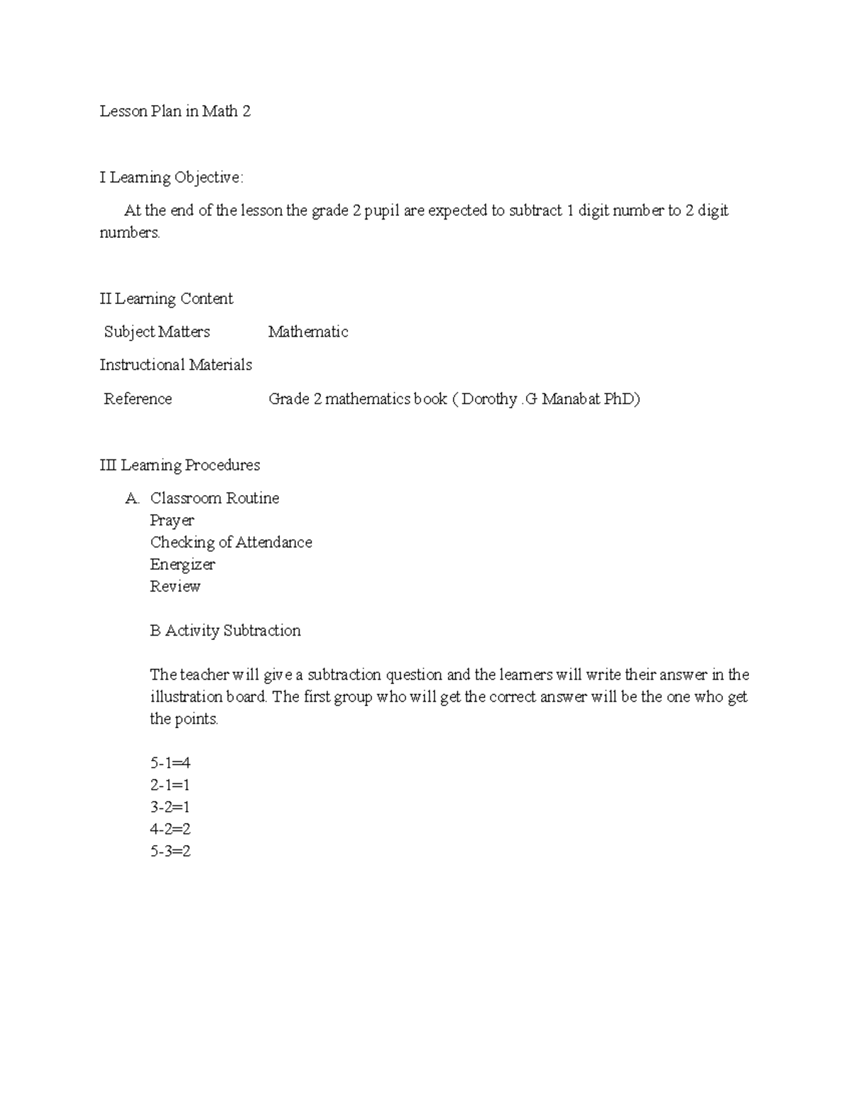 Math 2 Lesson Plan: Subtraction Concepts and Activities - Studocu