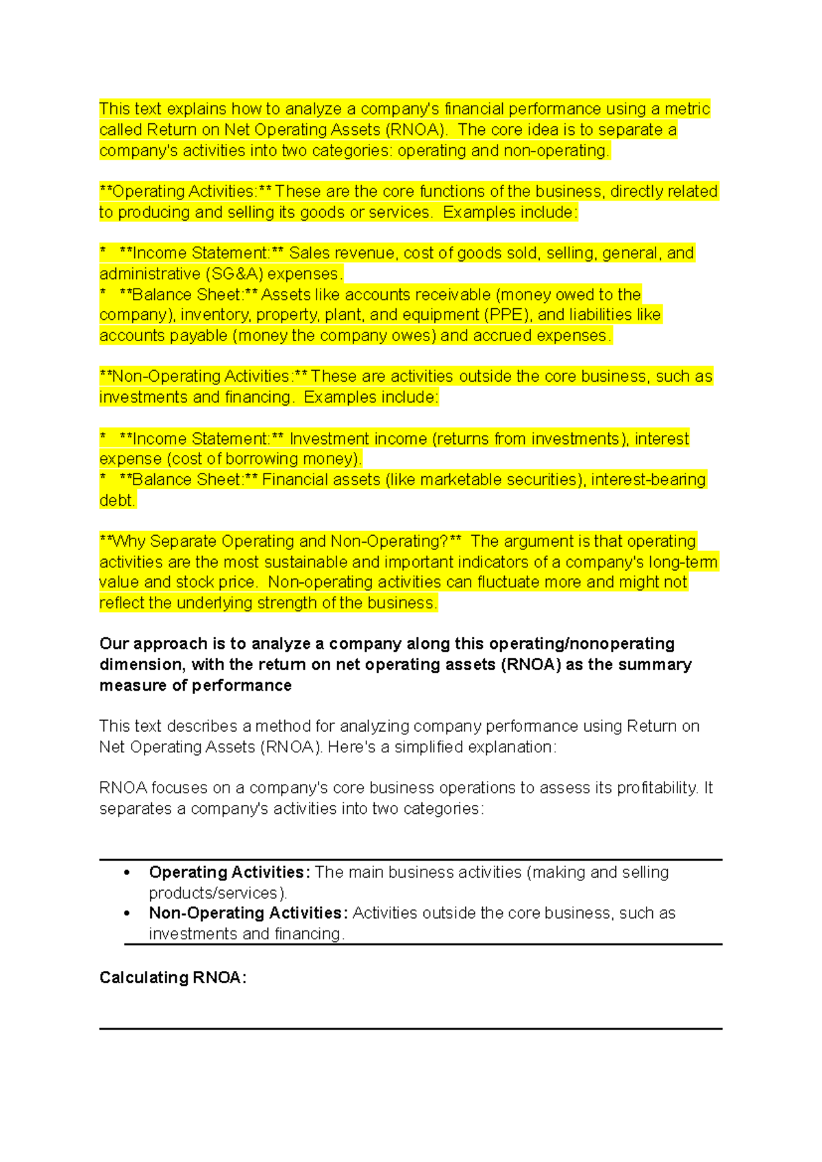 Analyzing Financial Performance: RNOA and ROIC Metrics (Course Code ...