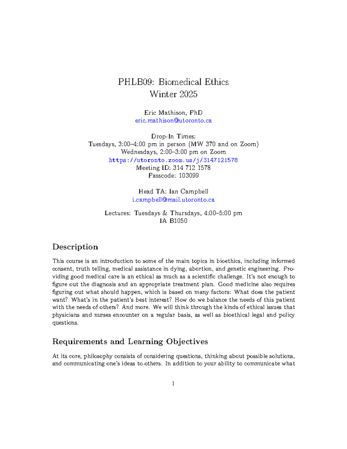 PHLB09: Biomedical Ethics Syllabus - Winter 2025 Overview - Studocu