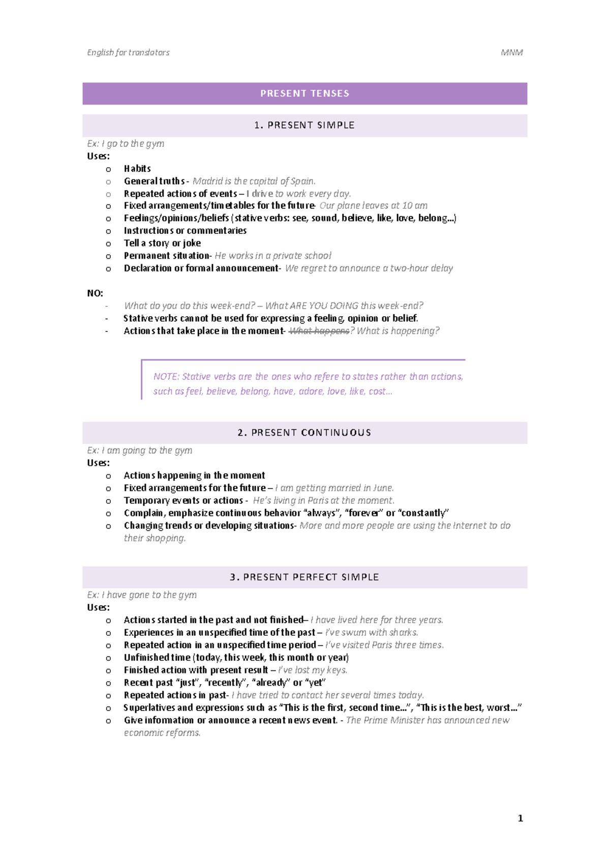 English for Translators MNM: Tenses and Modals Overview - Studocu