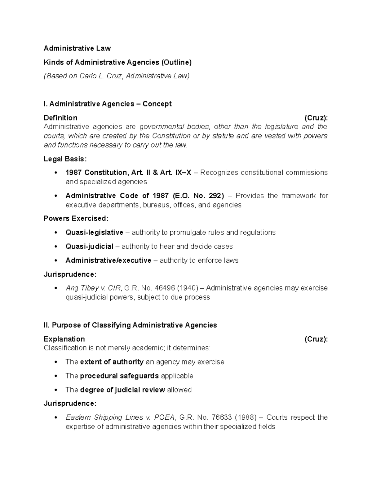 Admin Law Kinds of Administrative Agencies (Outline) - Studocu