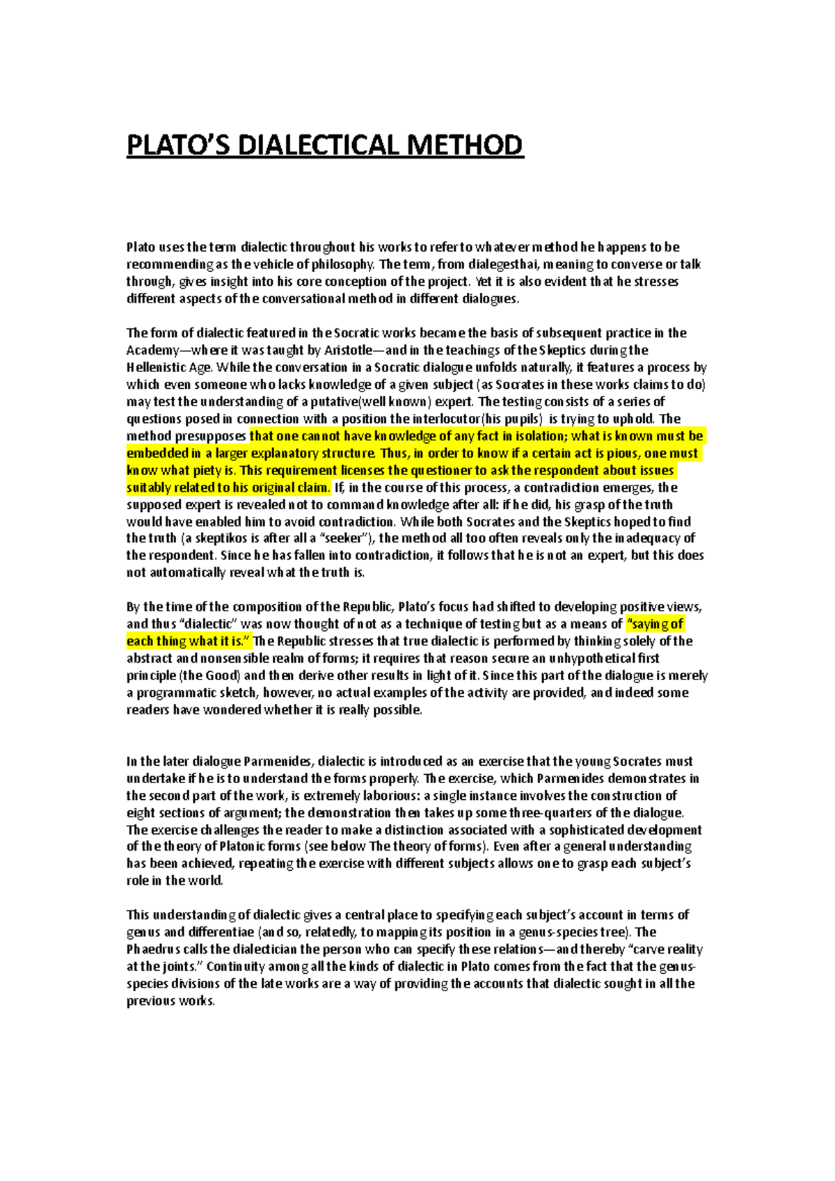 Plato's Dialectical Method: An In-Depth Analysis of Its Evolution - Studocu