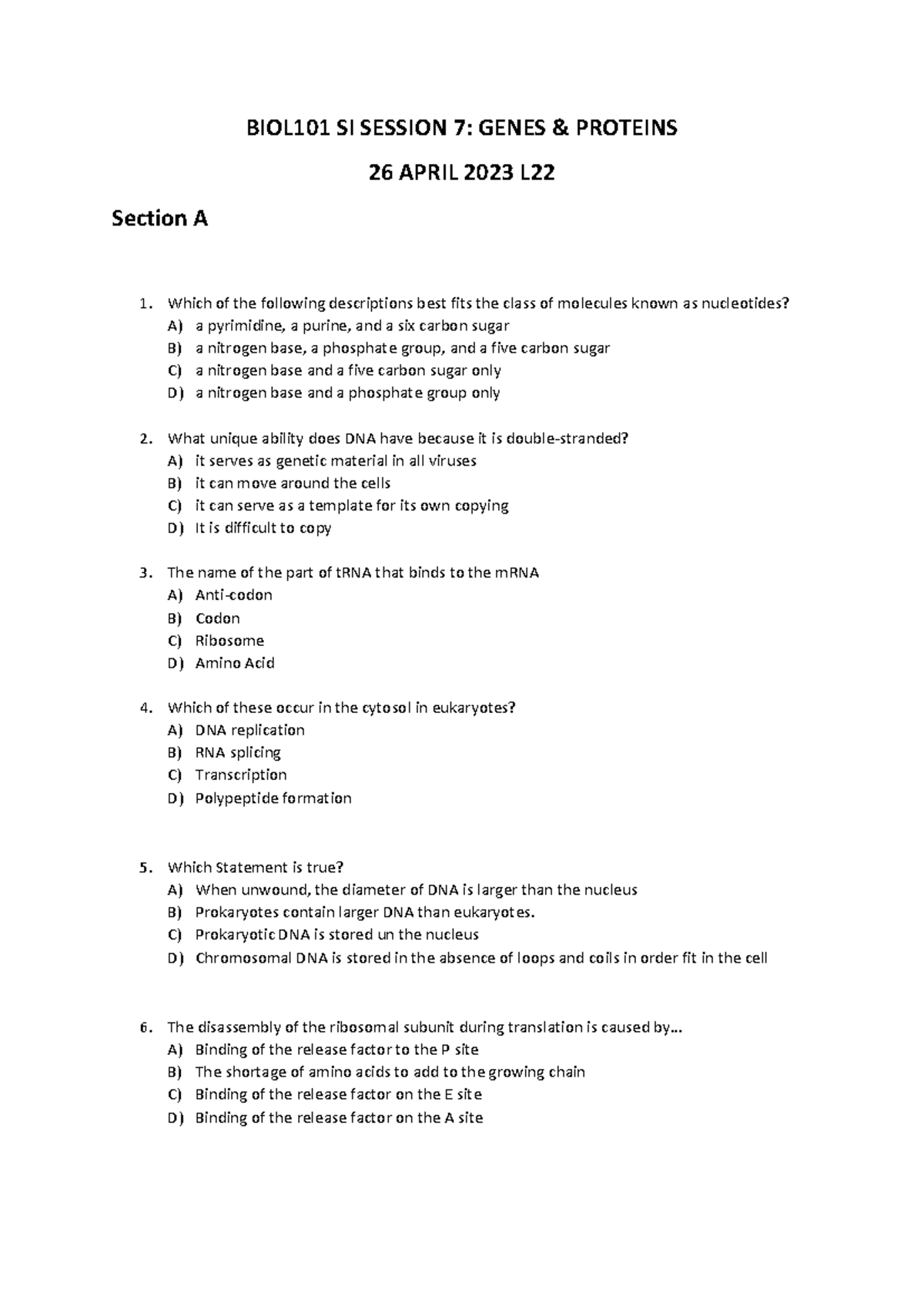 BIOL101 SI Session 7: Genes and Proteins Review Notes - Studocu