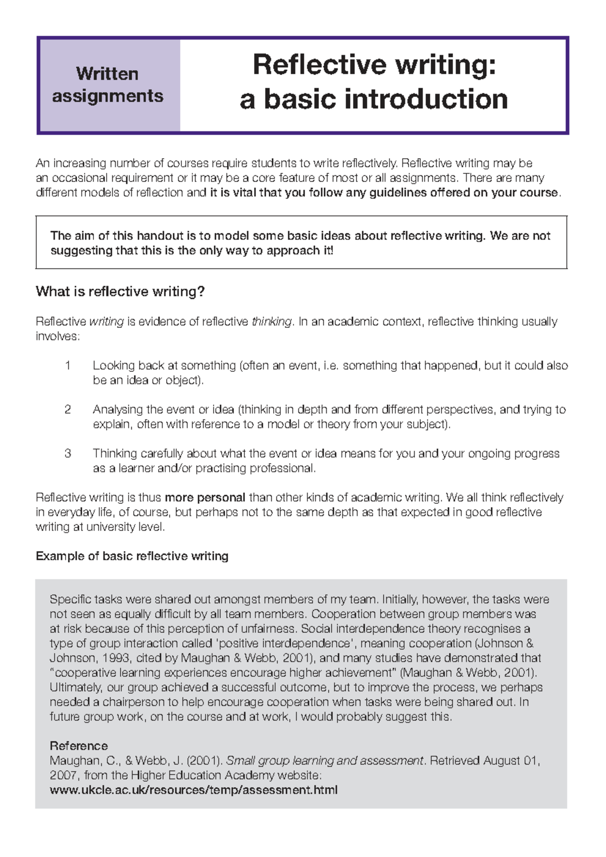 WA13a: Reflective Writing - A Basic Introduction Guide - Studocu