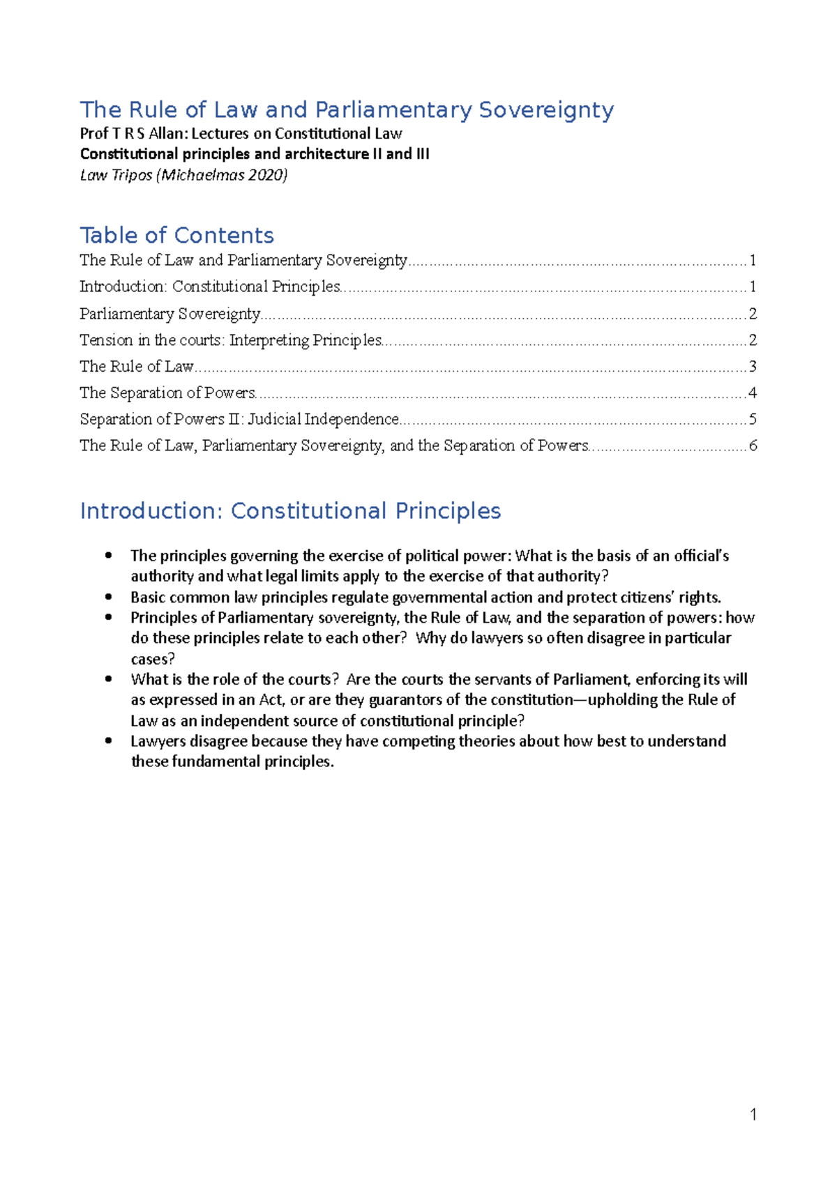 Constitutional Law II: Rule of Law & Parliamentary Sovereignty Notes ...