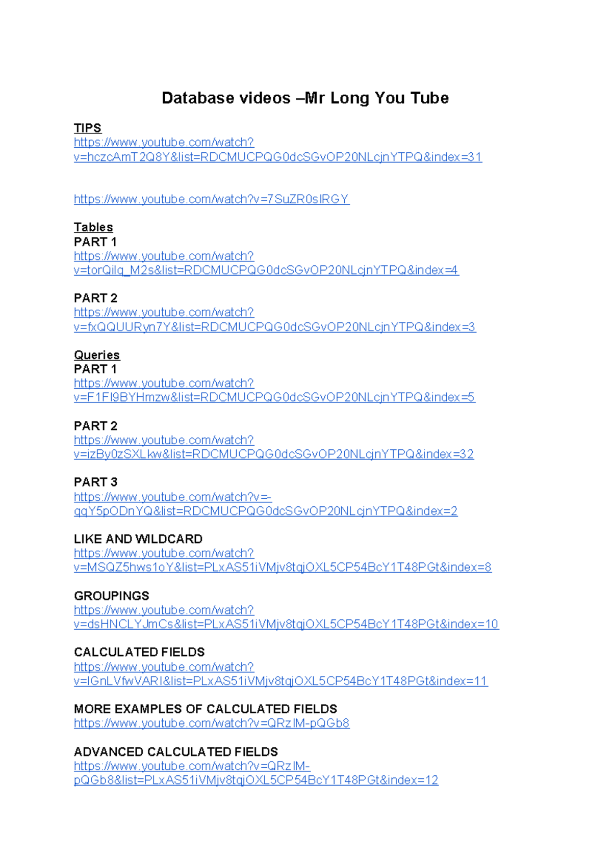 Database Video Links - Database videos –Mr Long You Tube TIPS youtube ...
