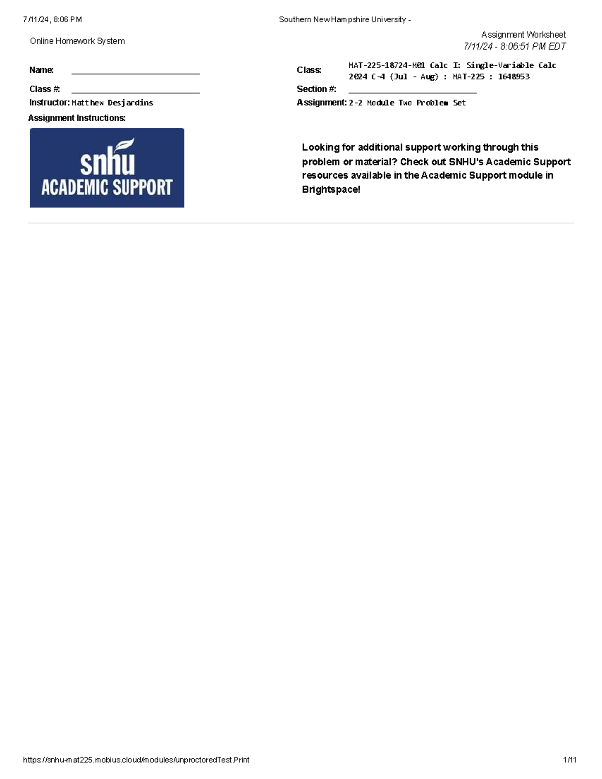 2-2 Problem Set - Online Homework System Assignment Worksheet 7/11/24 ...