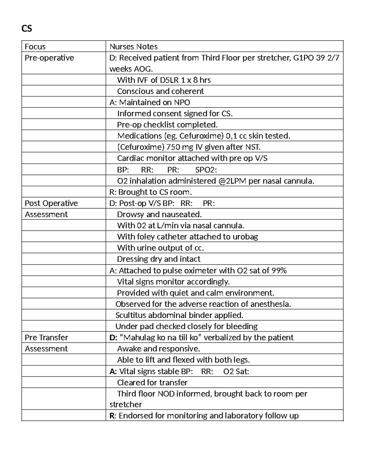 CS Focus Post Operative Assessment & Nurses Notes RLE-107 - Studocu