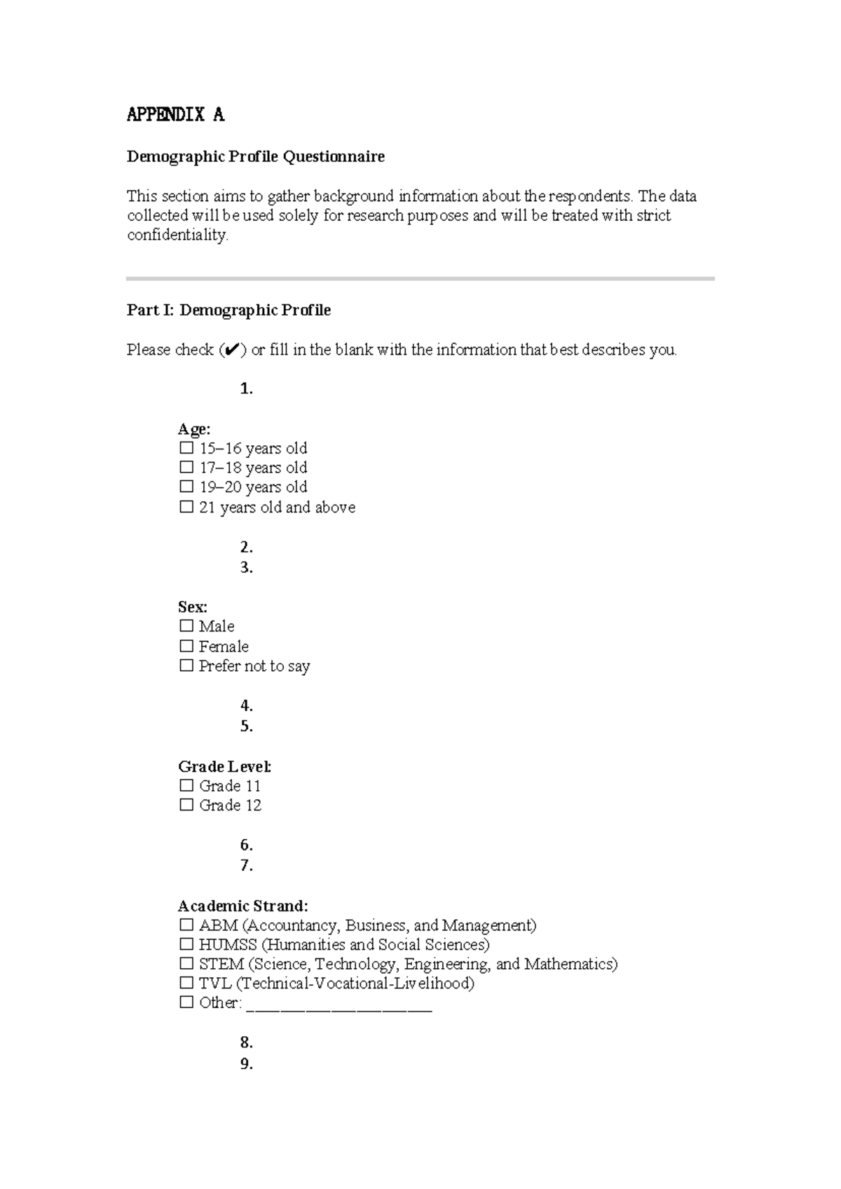 Demographic Profile Questionnaire - Appendix A - Studocu