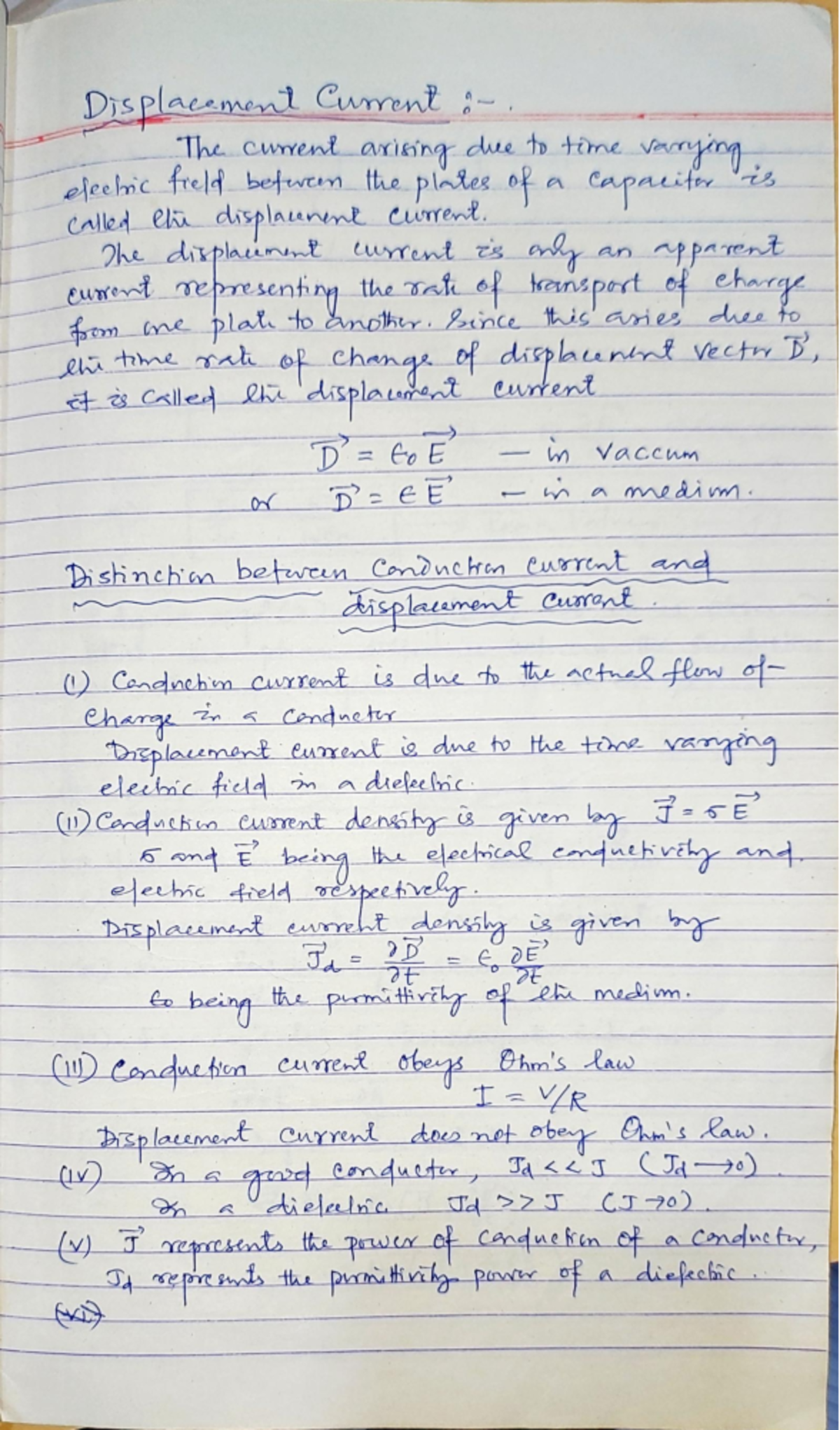 Electromagnetic - NOTES - Displacement Current The current arising due ...