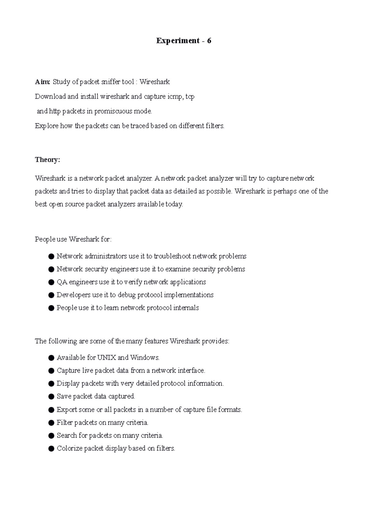 Wireshark Packet Capture Behavior: Experiment 6 Analysis Guide - Studocu