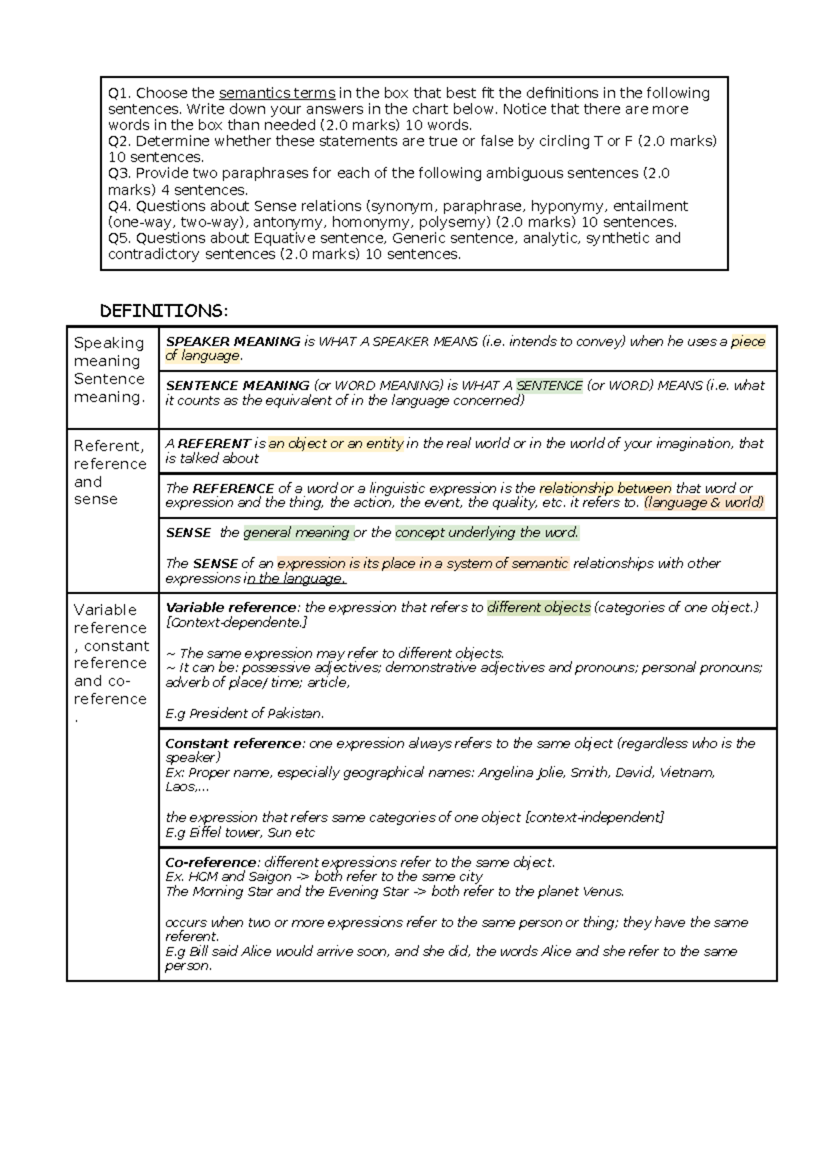 Semantics Study Guide - Key Concepts and Definitions - Studocu