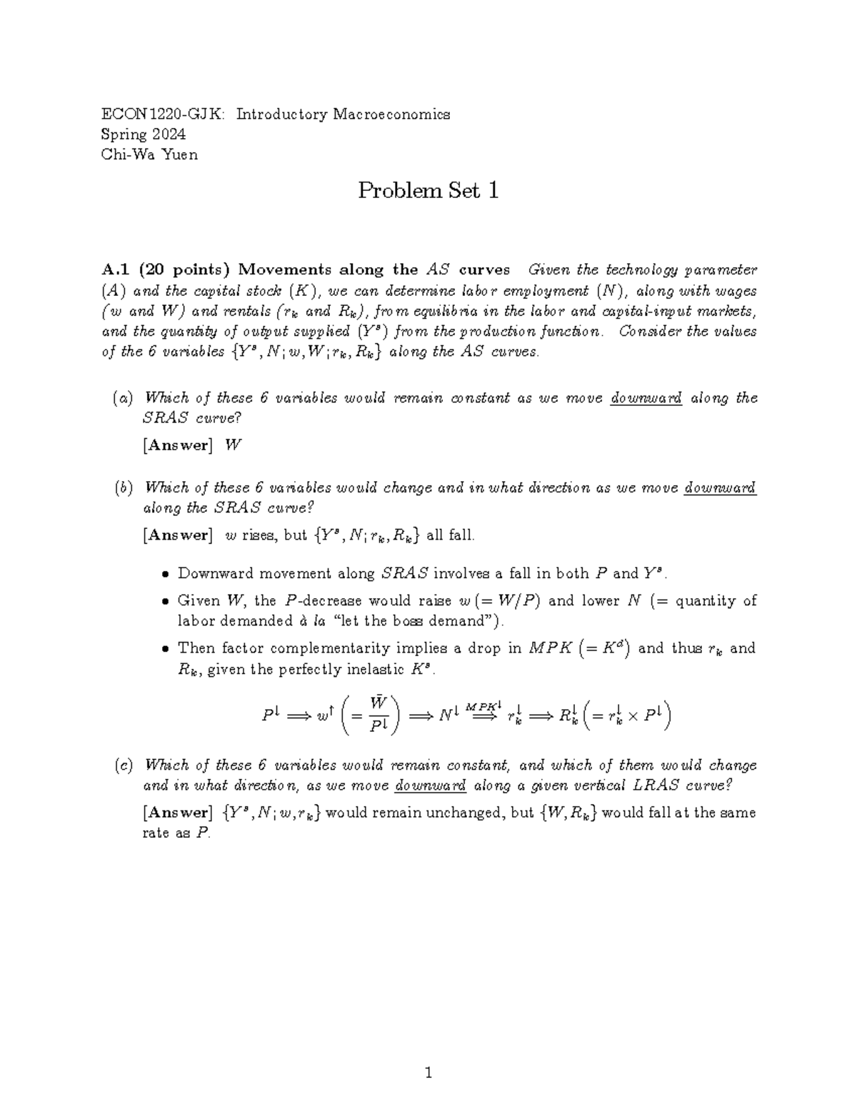 ECON1220-GJK: Problem Set 1 - Understanding AS Curves in Macroeconomics ...
