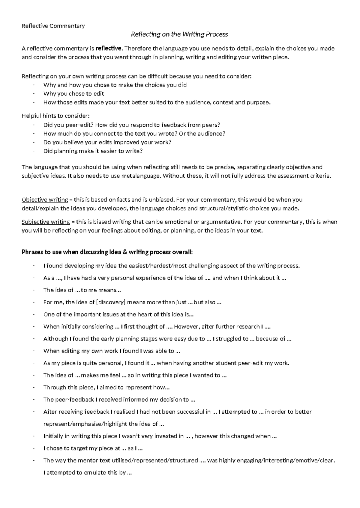 Reflective Commentary on Writing Process: An In-Depth Analysis - Studocu