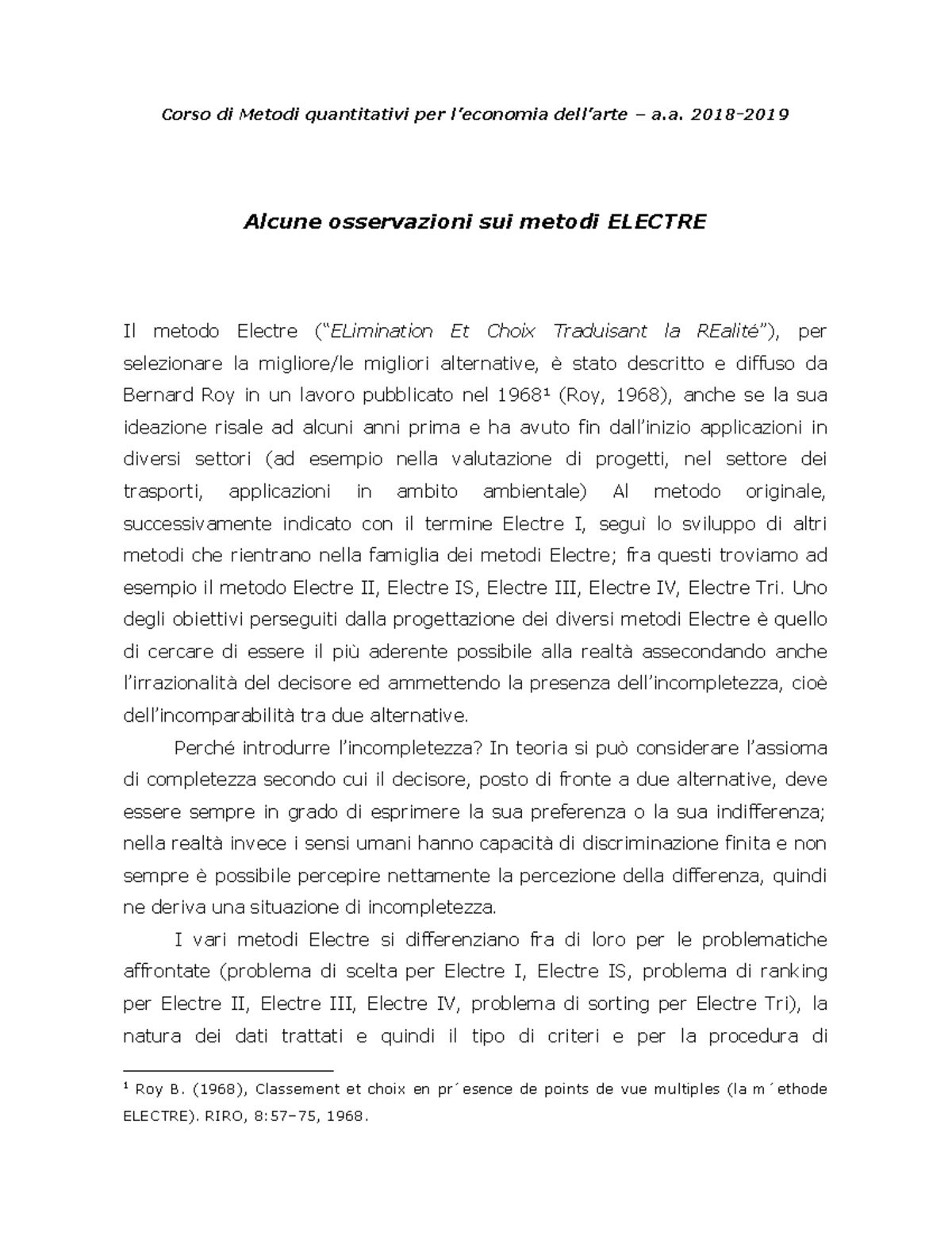 Osservazioni sui metodi Electre nel Corso di Metodi Quantitativi (MQEA ...