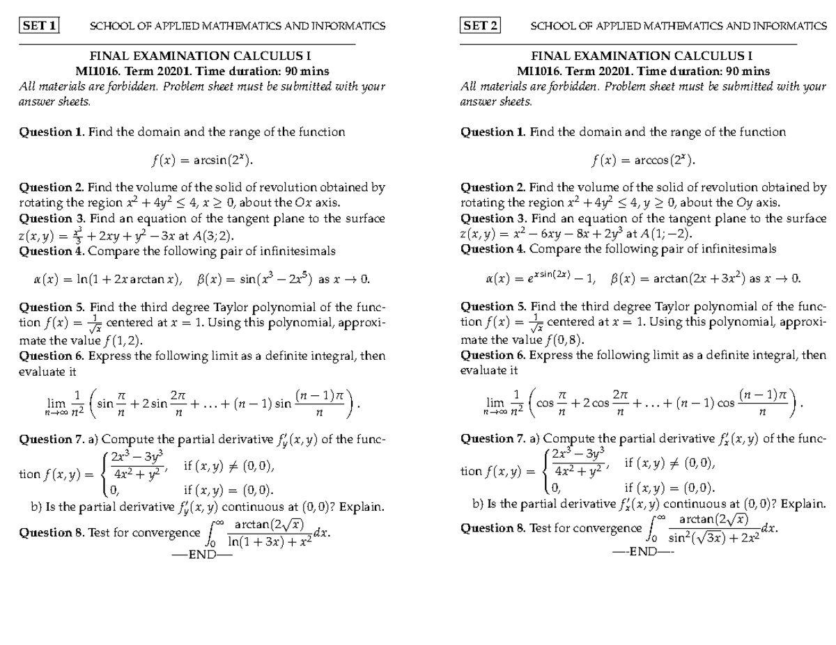 20201 MI1016 Final Exam Review: Calculus I Problem Solutions - Studocu