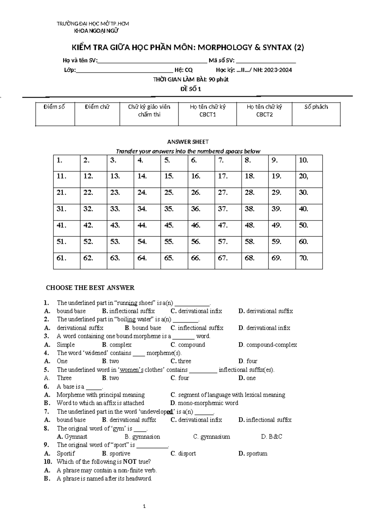 Midterm Test 2: Morphology & Syntax - Học kỳ II 2023-2024 - Studocu