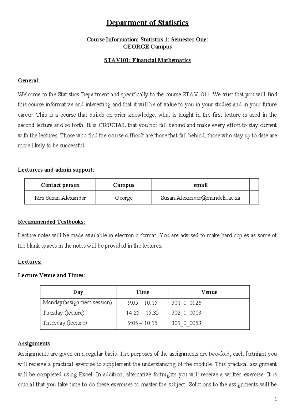STAV101: Statistics 1 Course Info & Assessment Details - GEORGE Campus ...