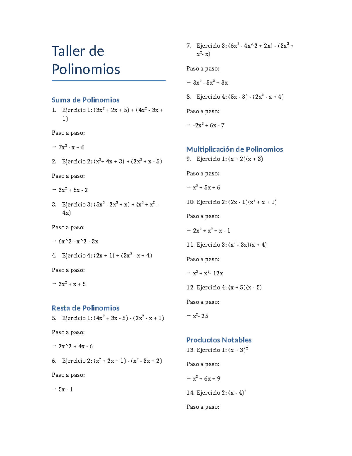 Taller de Polinomios y Expresiones Algebraicas - Ejercicios 1-14 - Studocu