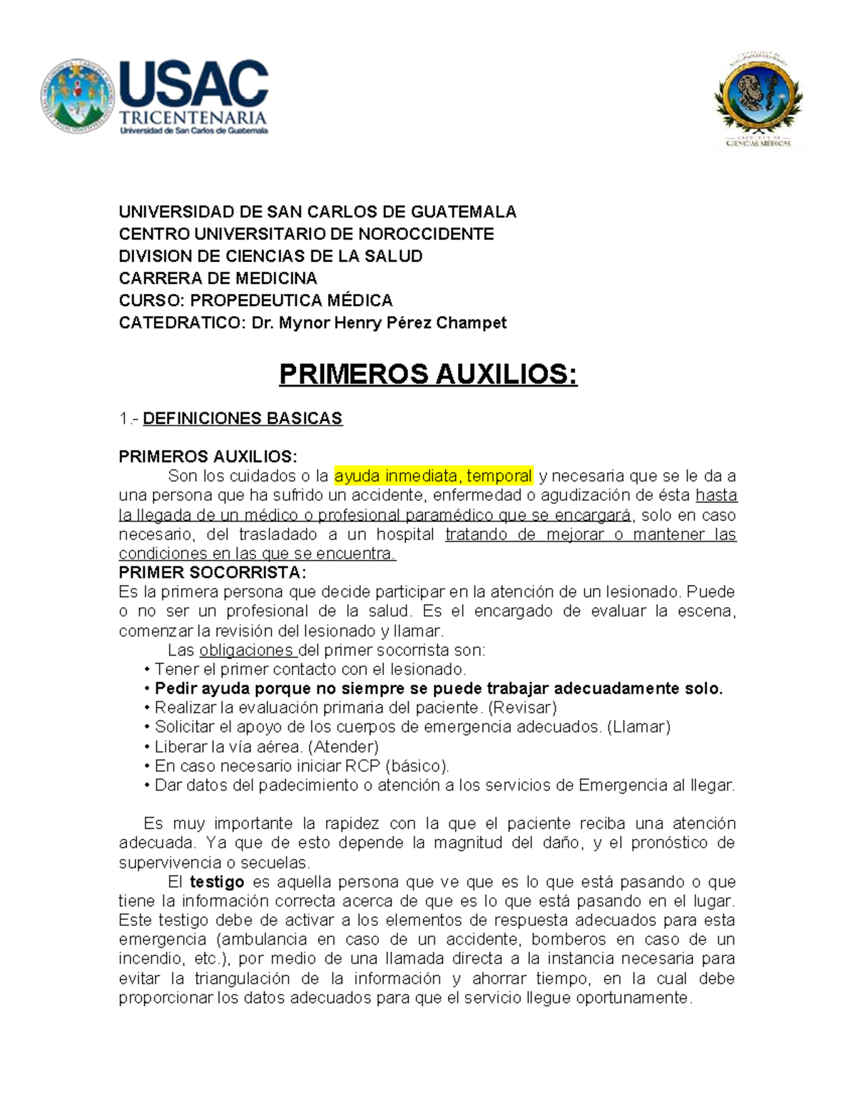 Primeros Auxilios: Definiciones y Técnicas Esenciales (MED-101) - Studocu