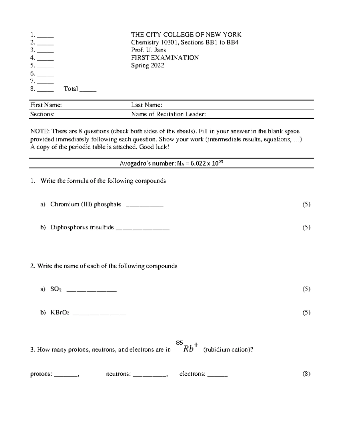 Chem 103 Fall 2022 - Practice Exam 1 Review and Solutions - Studocu