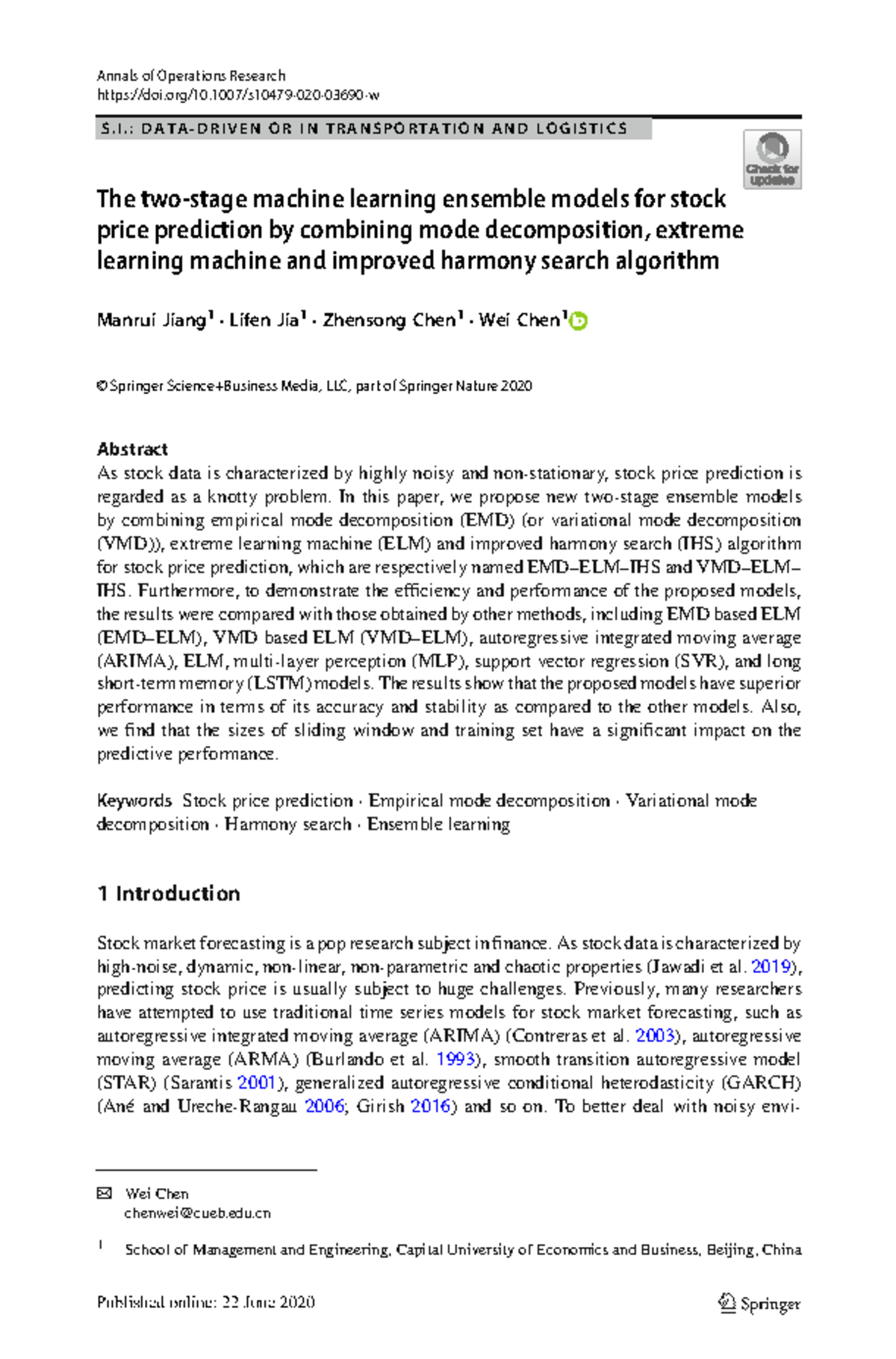 The two stage machine learning ensemble models for stock price ...
