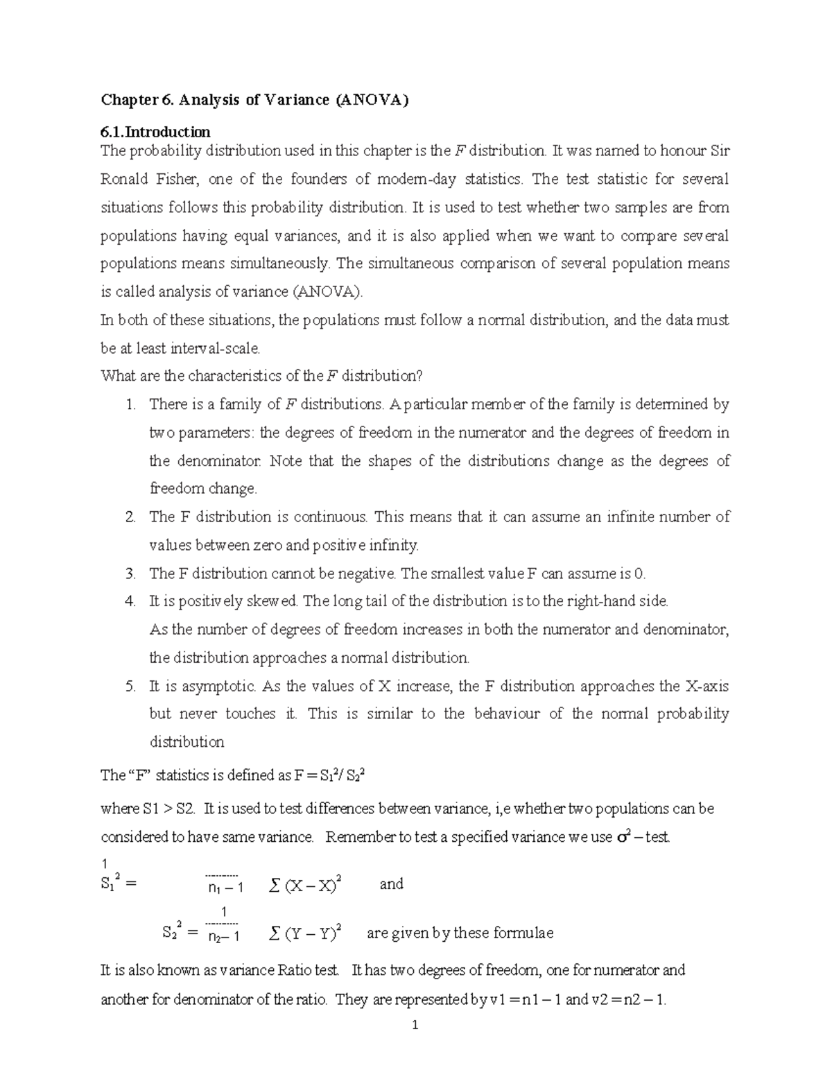 Ch VI Analysis OF Variance - Chapter 6. Analysis of Variance (ANOVA) 6. ...