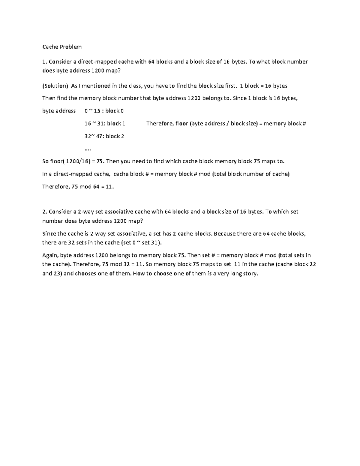 Cache Problem 1: MCQs & Short Notes on Address Mapping - Studocu