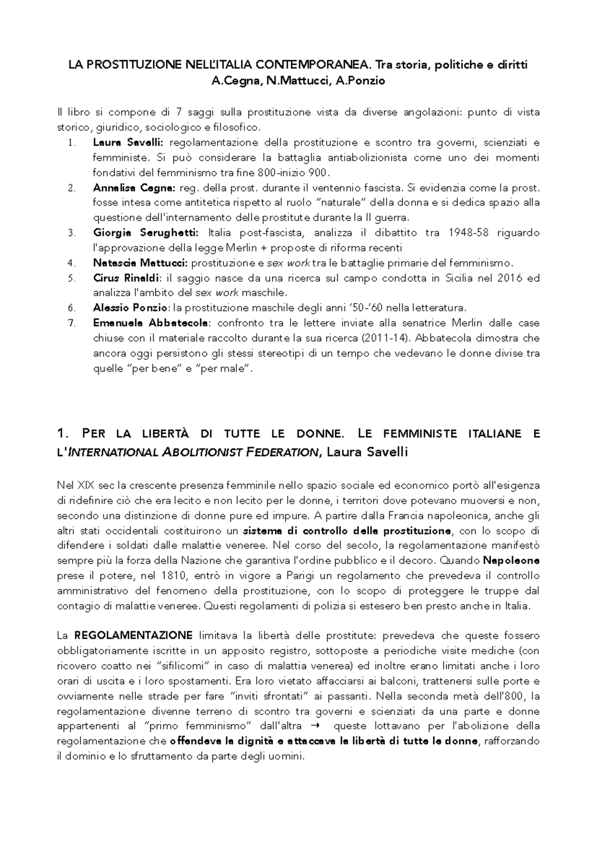 Storia della Prostituzione in Italia: Analisi Politiche e Diritti - Document Preview