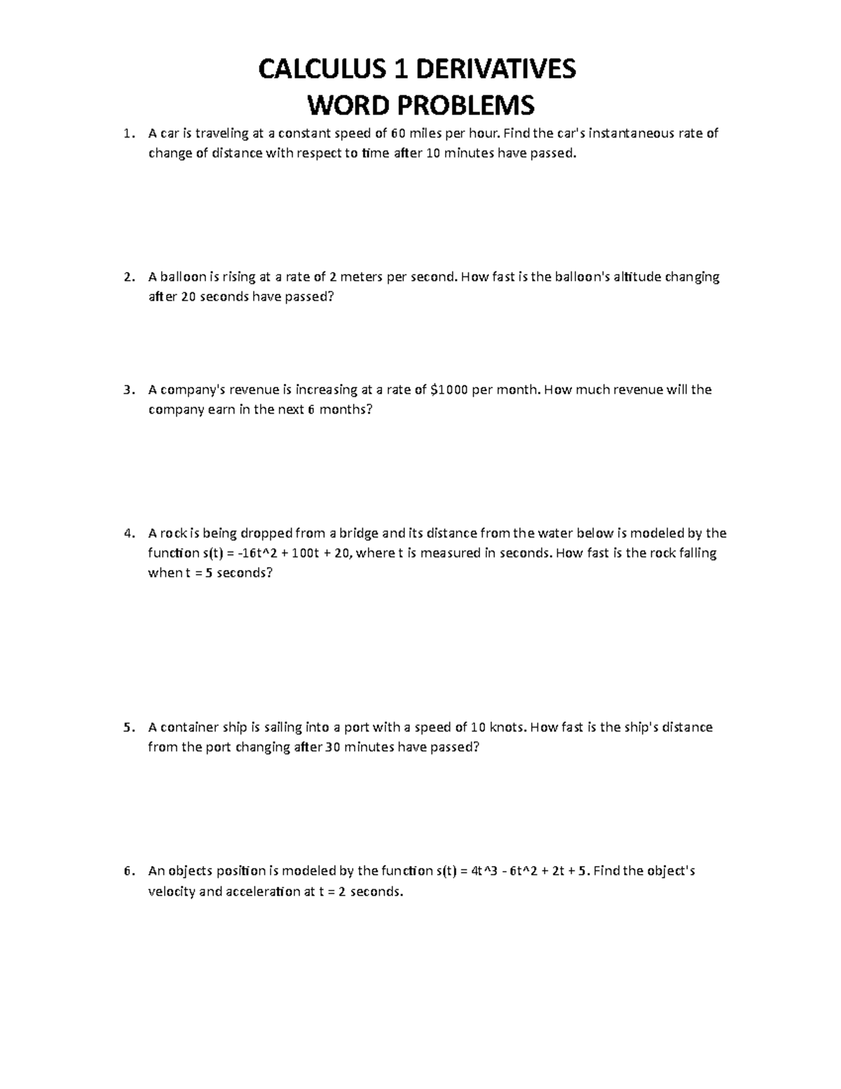 Calculus 1: Derivative Word Problems with Solutions and Examples - Studocu