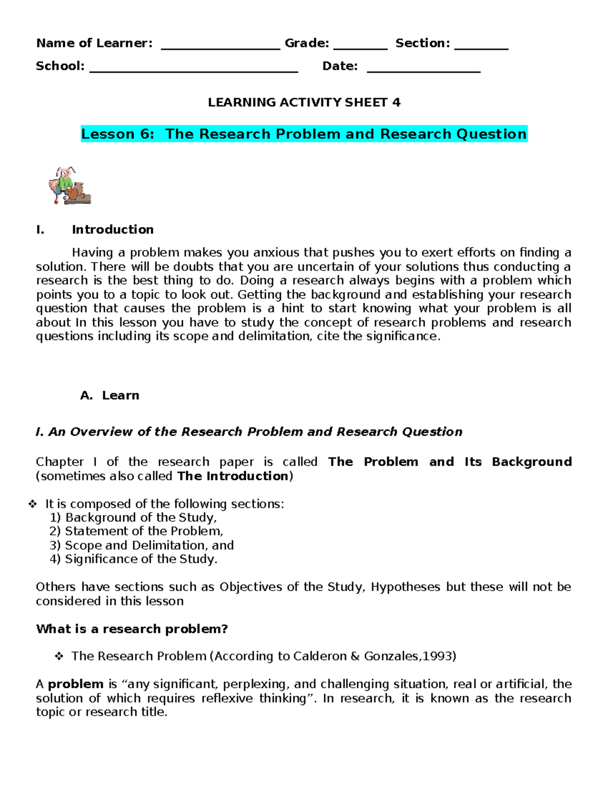 Q4 LAS 1: Lesson 6 & 7 - Understanding Research Problems & Questions ...