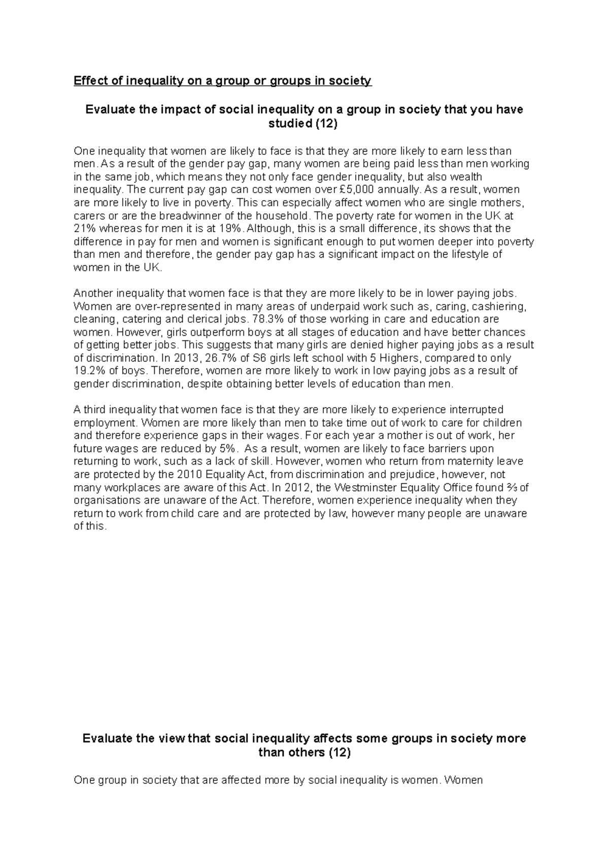 Impact of Social Inequality on Women and Children in Society - Studocu