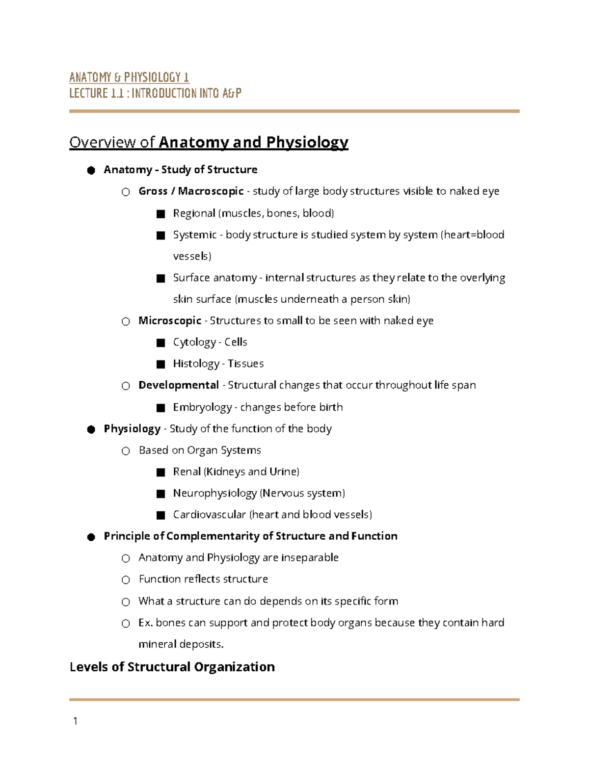 Lecture 1 - Anatomy And Physiology - ANATOMY PHYSIOLOGY 1 LECTURE 1 ...
