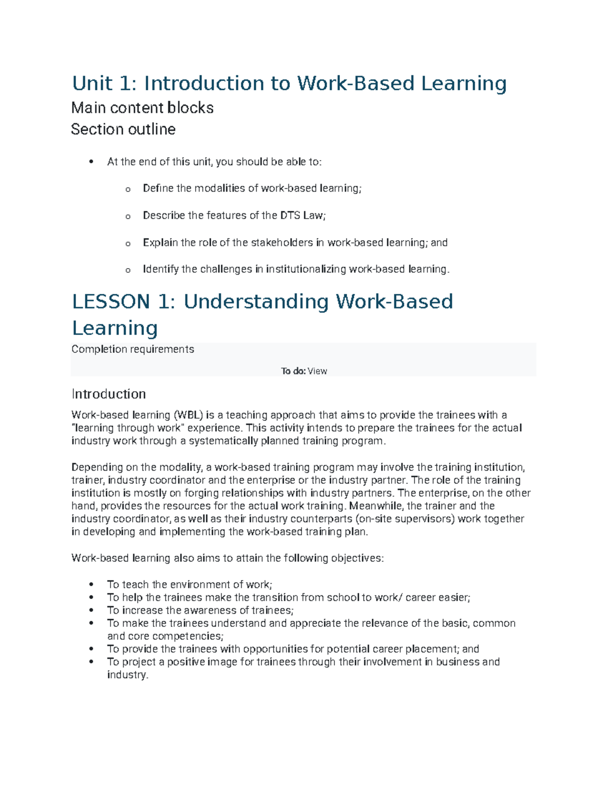 Unit 1: Introduction to Learning in Work-Based Learning (WBL) - Studocu
