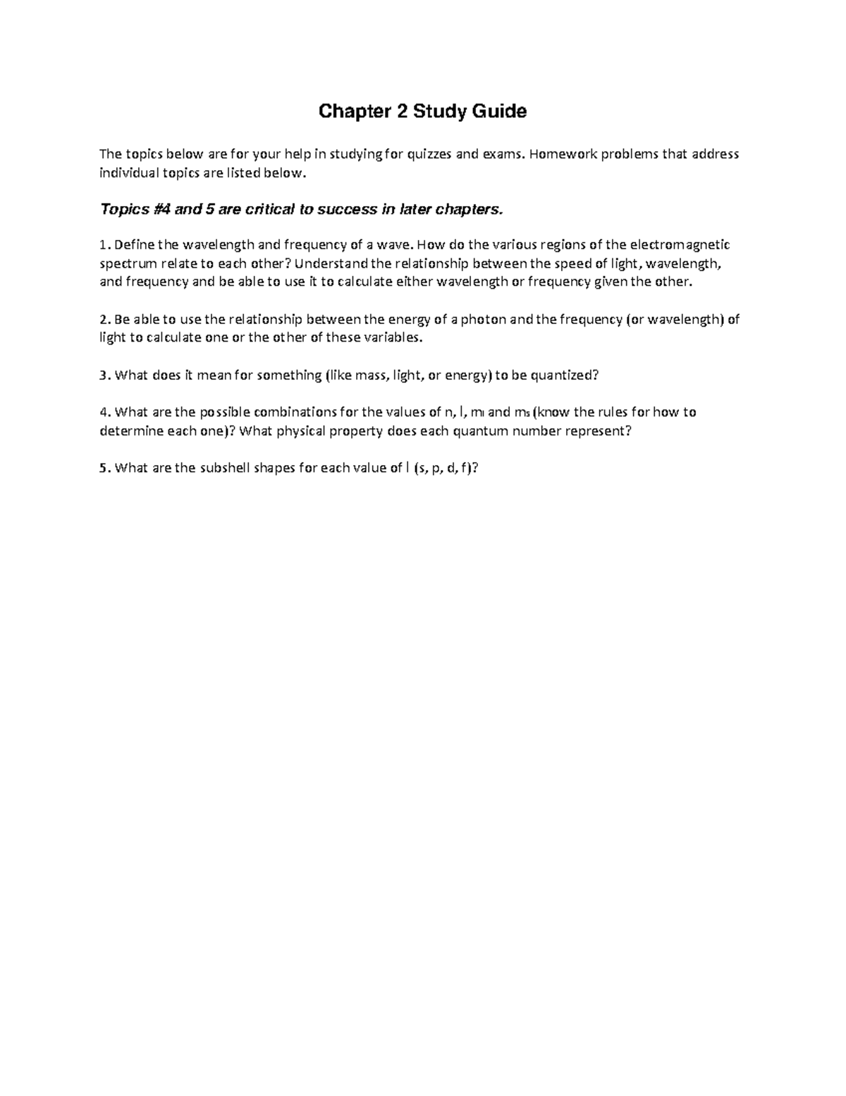 Chapter 2 Study Guide: Wave Properties & Quantum Numbers (PHYS 101 ...