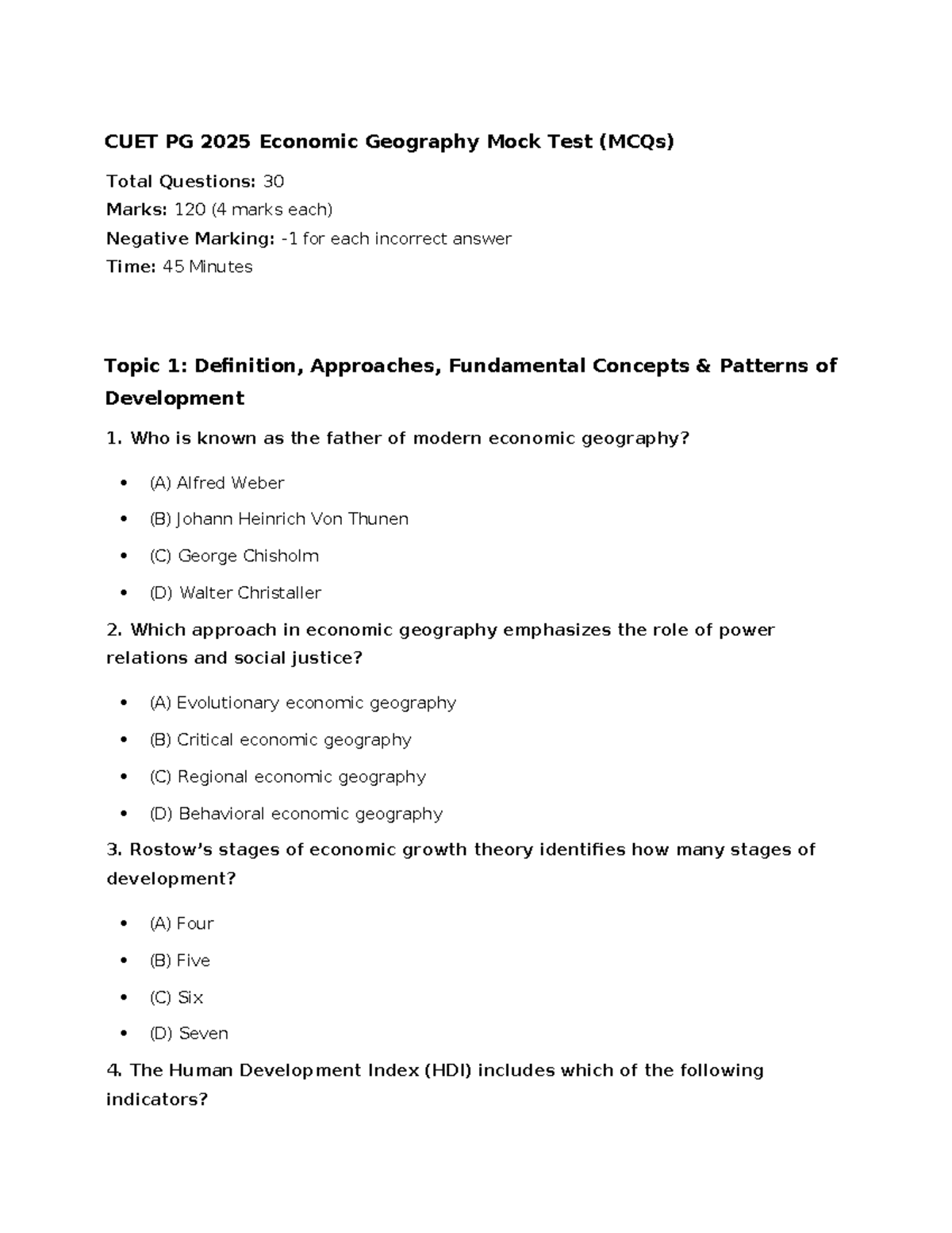 CUET PG 2025 Economic Geography Mock Test: 30 MCQs with Answers - Studocu