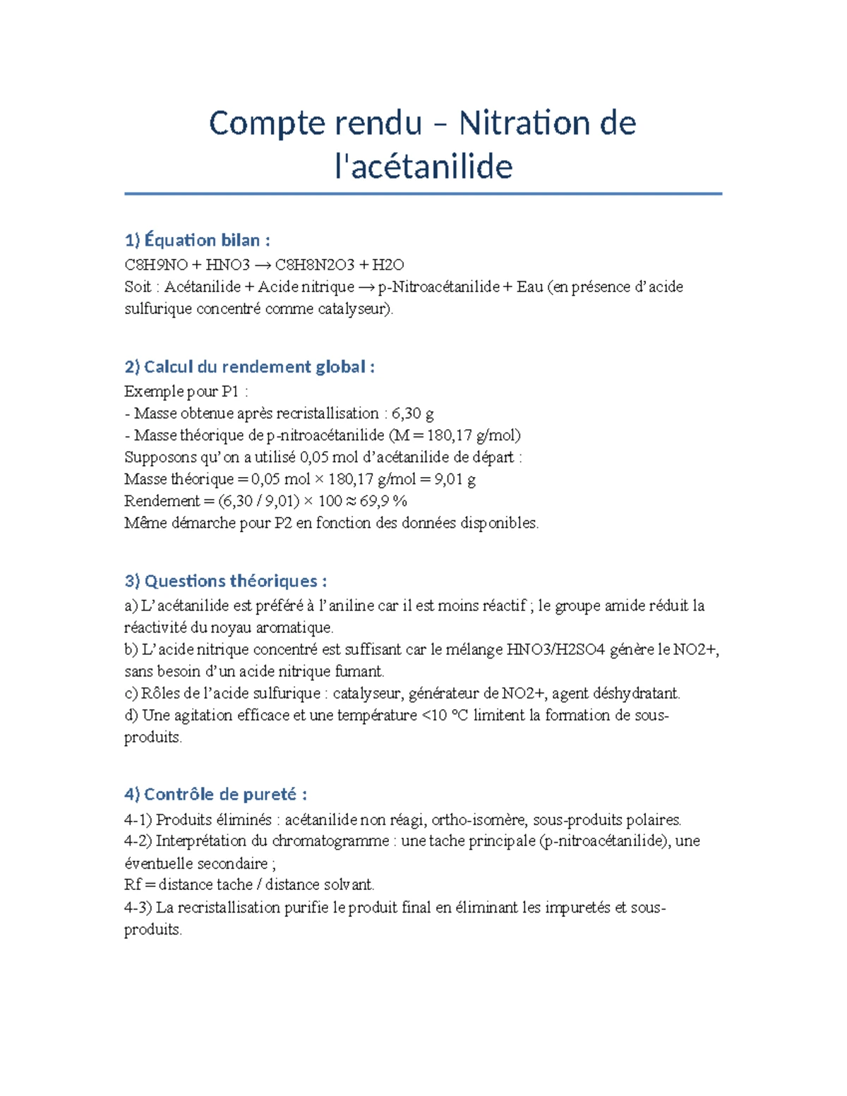 Compte Rendu N-Phenylethanamide - Compte Rendu de Travaux Pratiques TP ...