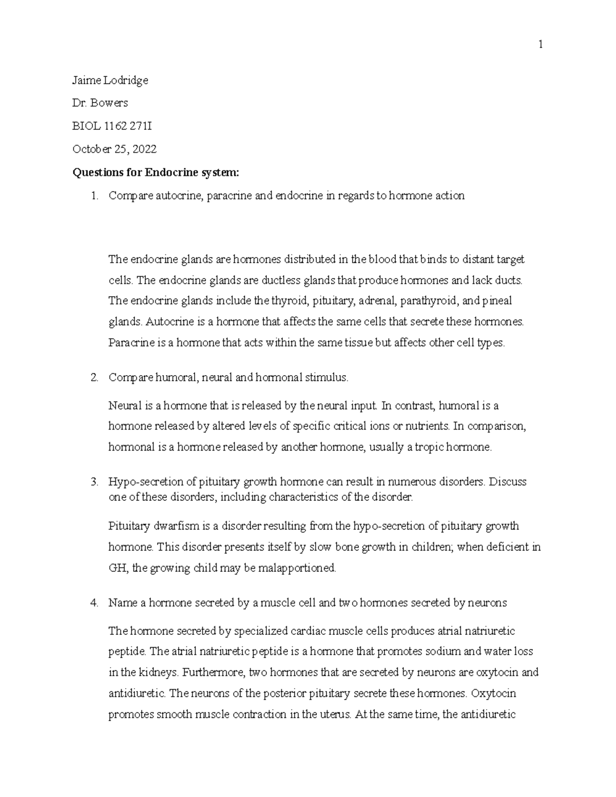 BIOL 1162 Endocrine System Study Questions by Jaime Lodridge - Studocu