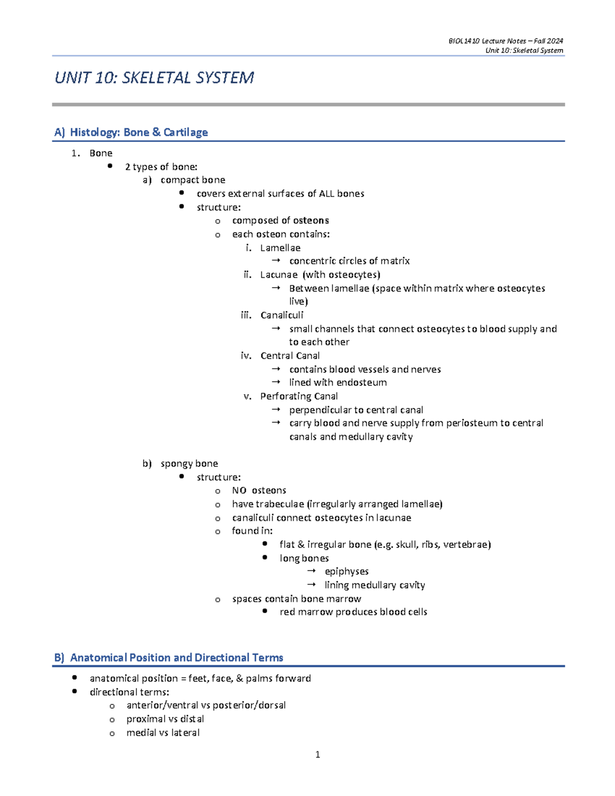 BIOL1410 Lecture Notes Fall 2024: Unit 10 - Skeletal System Overview ...