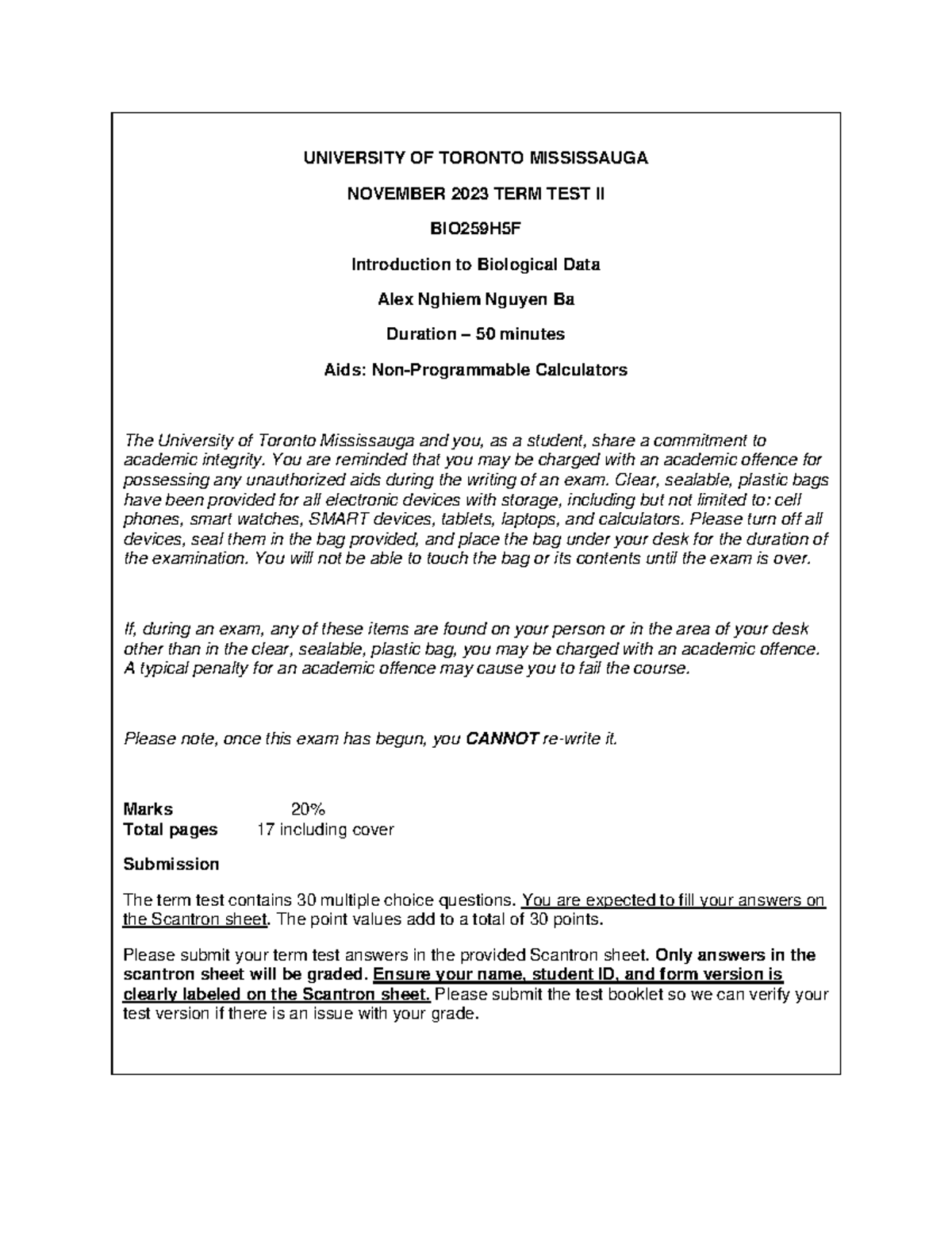 BIO259H5F Term Test II November 2023 - Introduction to Biological Data ...